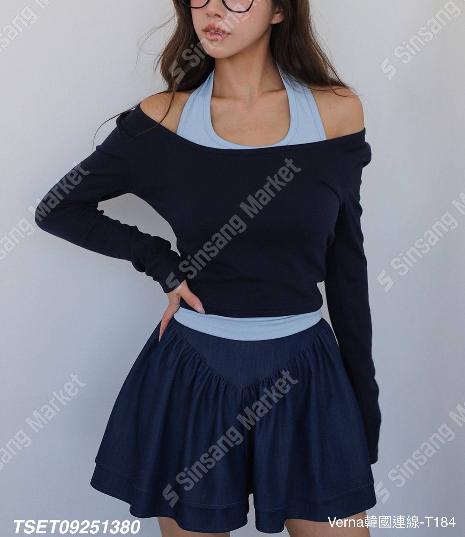 休閒撞色掛脖假兩件上衣