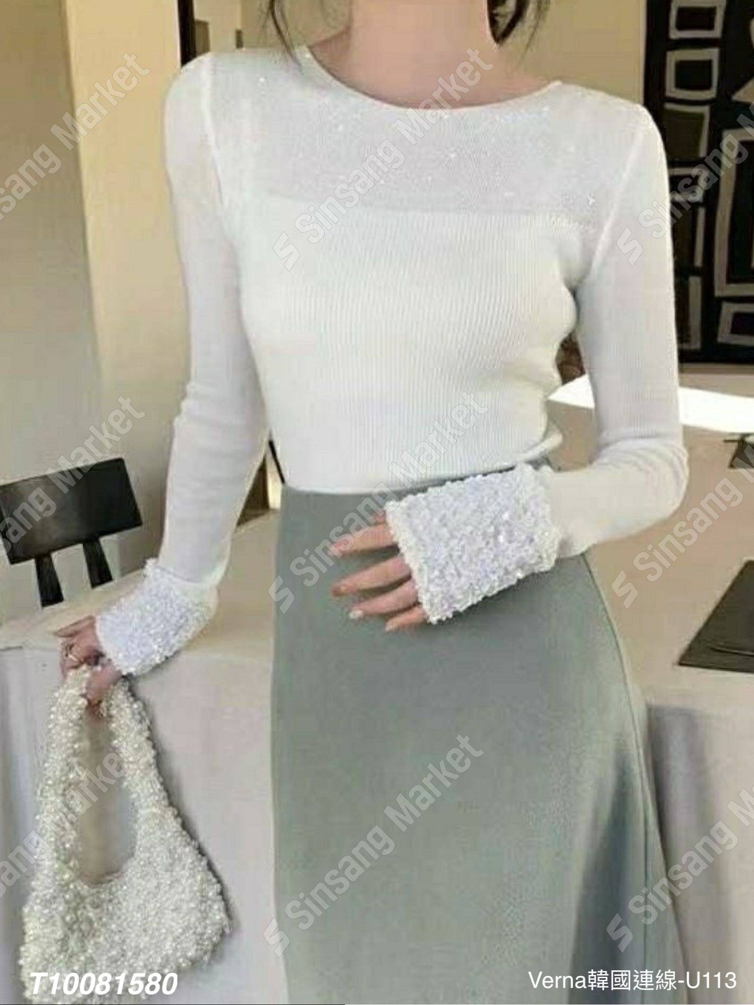 法式素雅亮片手袖上衣