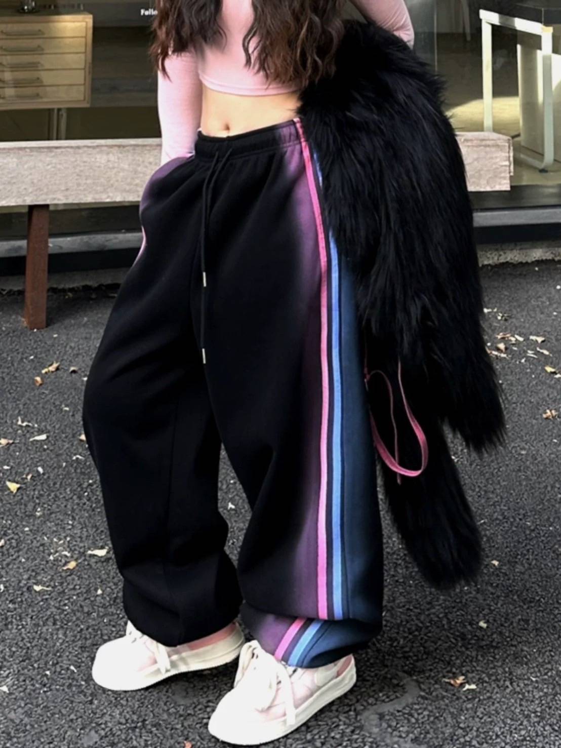 歐美撞色加厚休閒運動褲