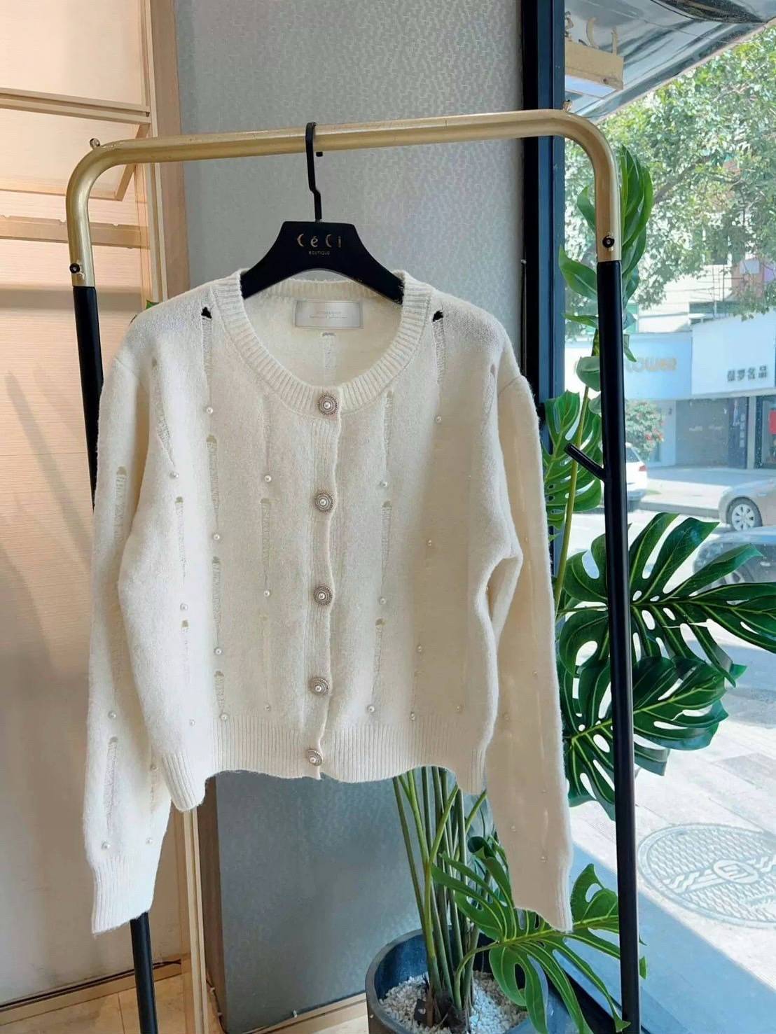 法式重工釘珠豎條毛衣外套