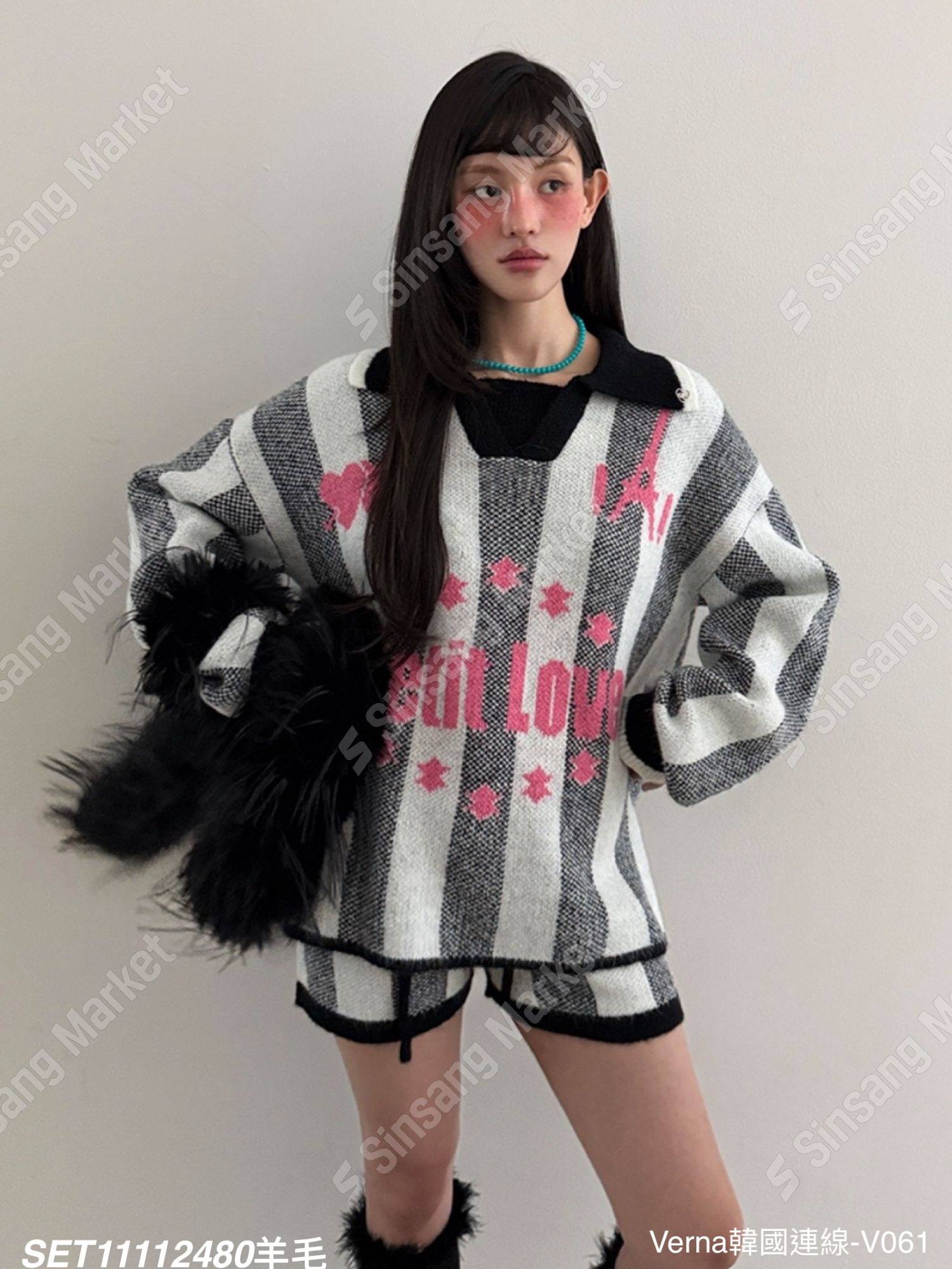 條紋甜美羊毛短褲套裝