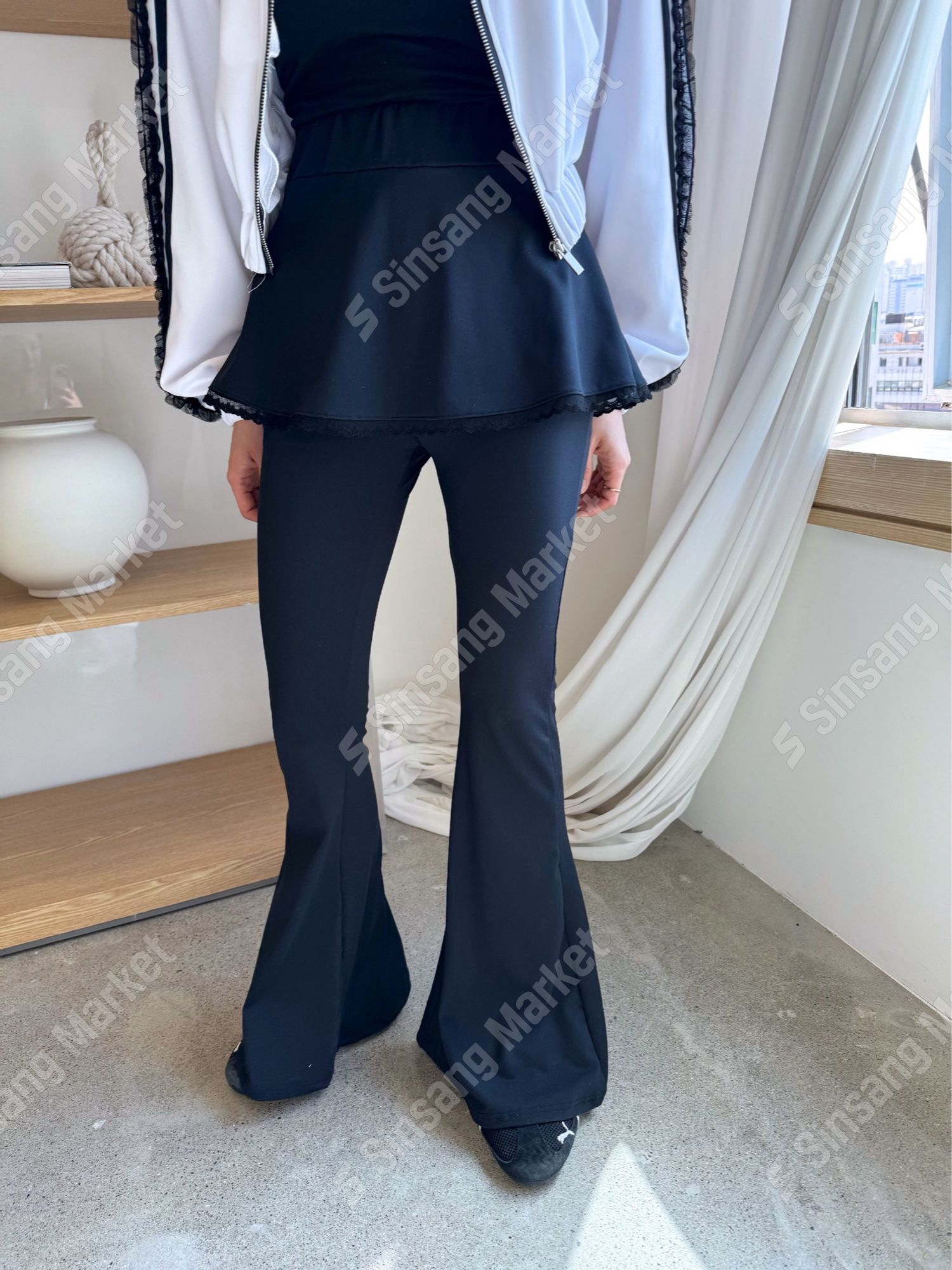 顯瘦修身蕾絲假兩件長褲