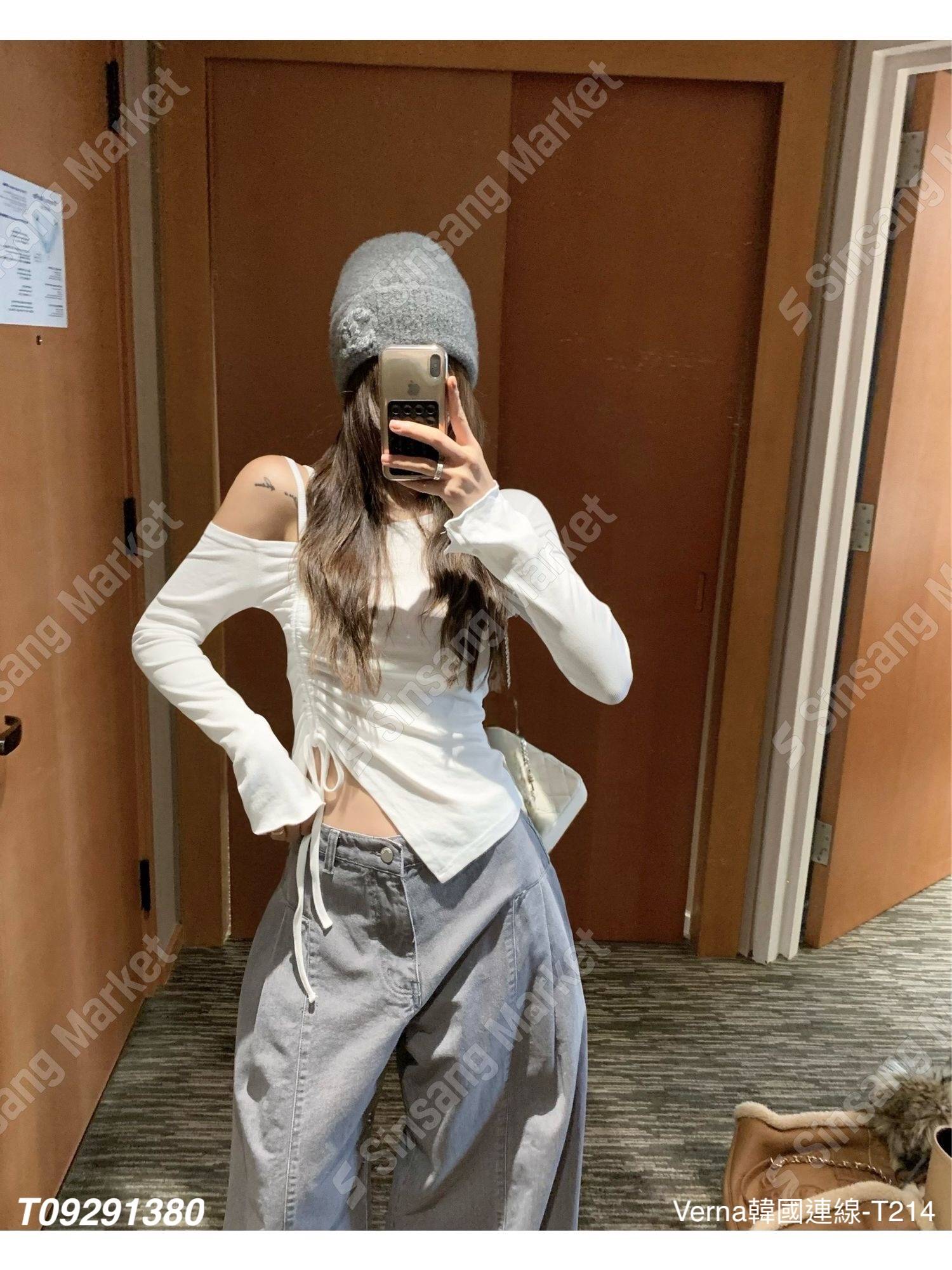 歐美單肩抽繩上衣