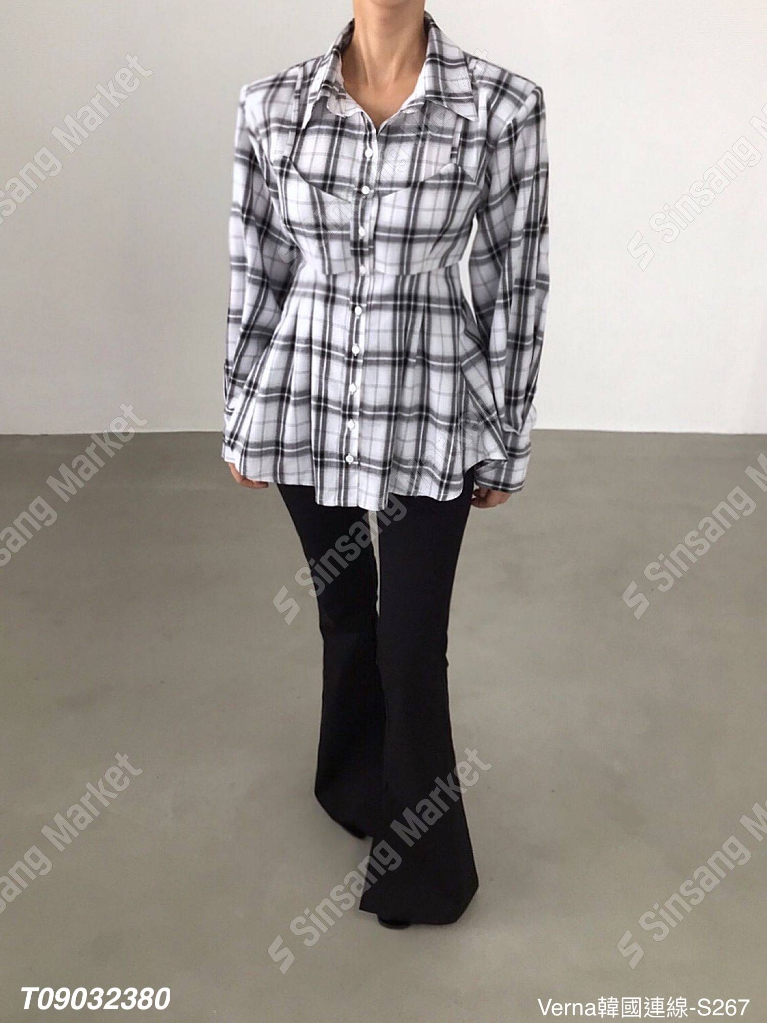 中性假兩件格子縮腰上衣