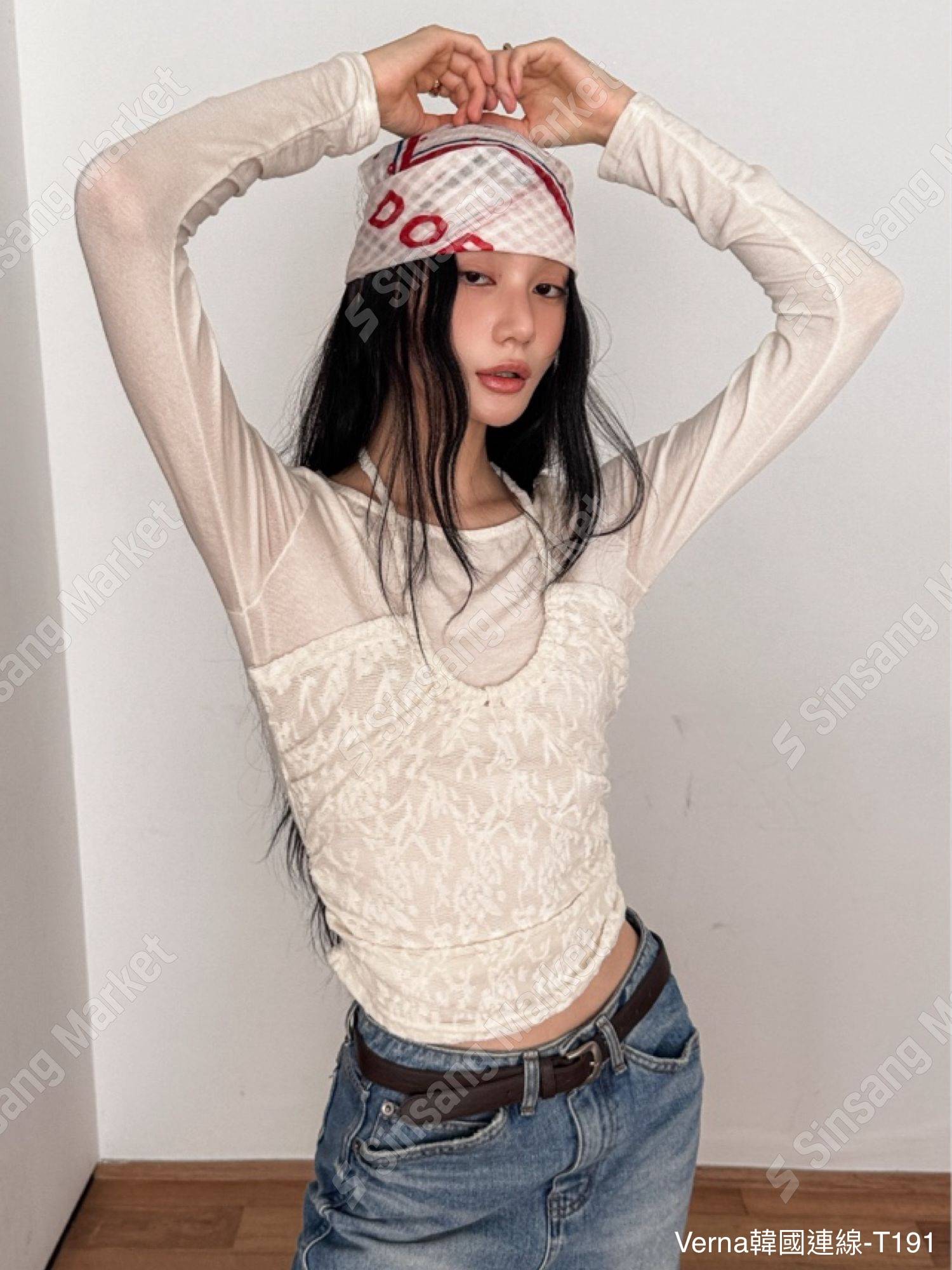 韓系時尚蕾絲假兩件上衣