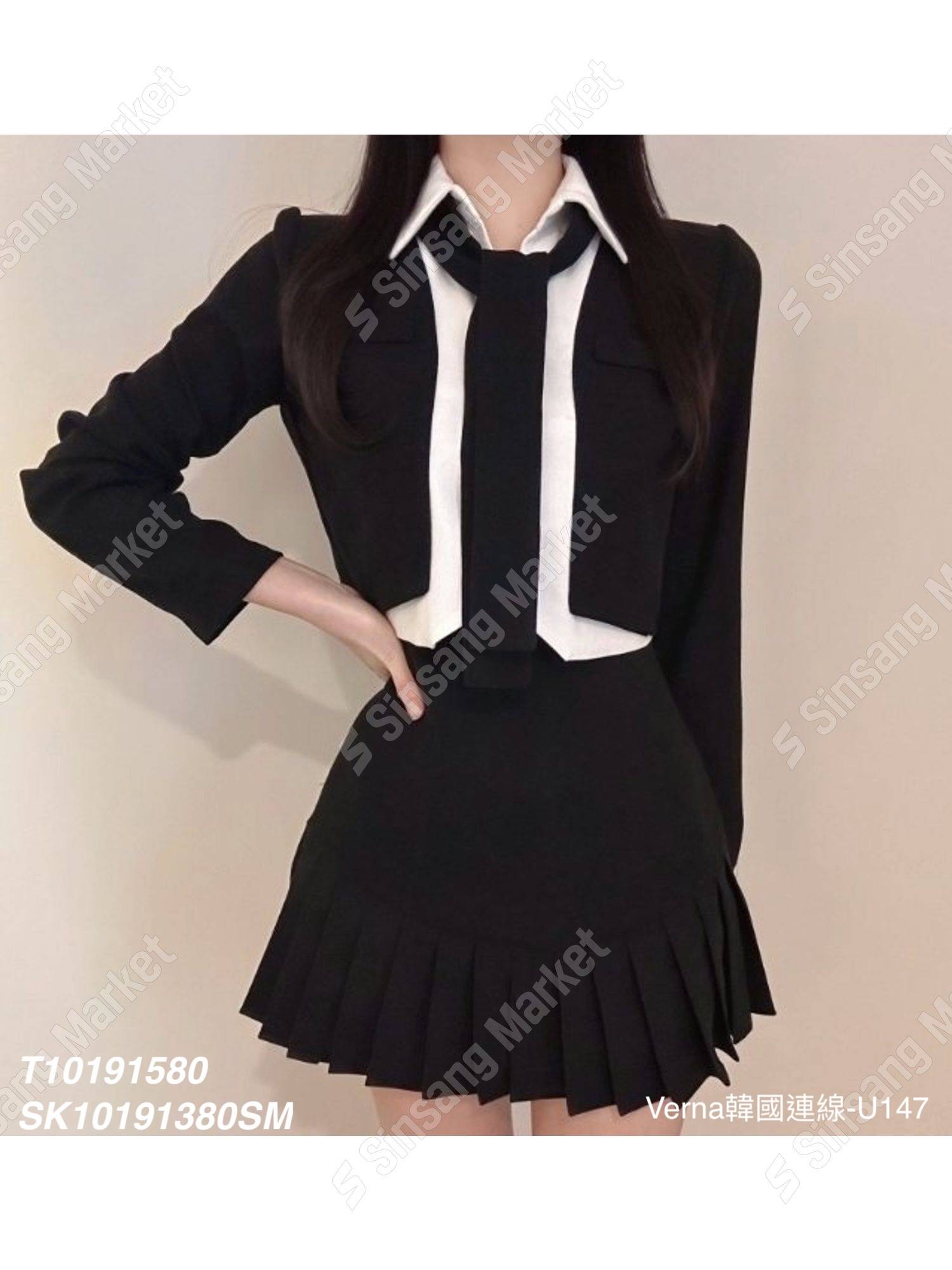 知性高腰百褶短裙套裝