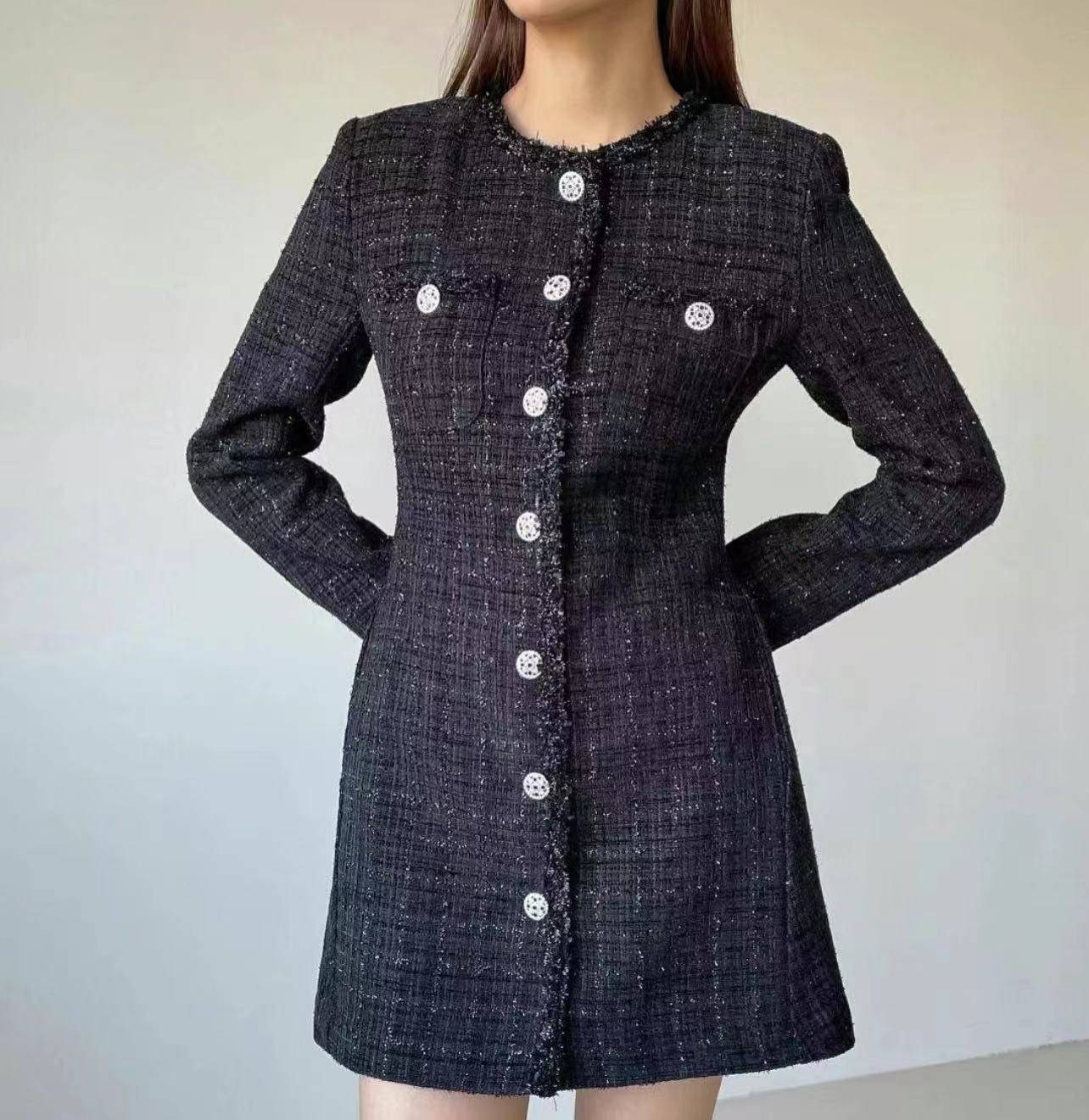 法式氣質排扣長袖外套連身裙