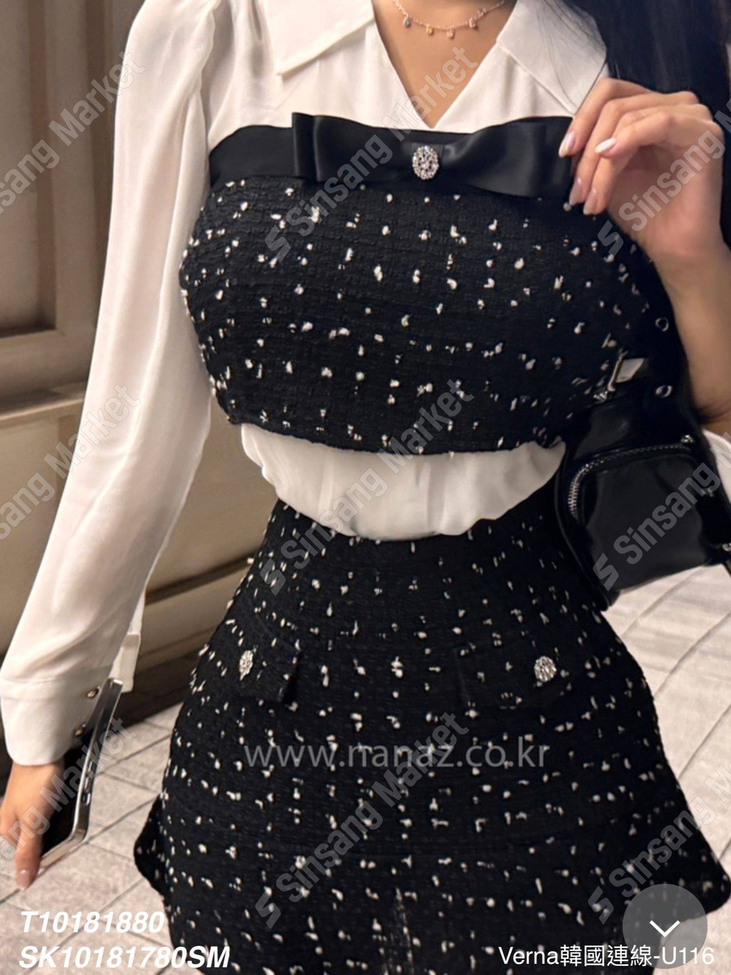 平口拼接毛呢短裙套裝