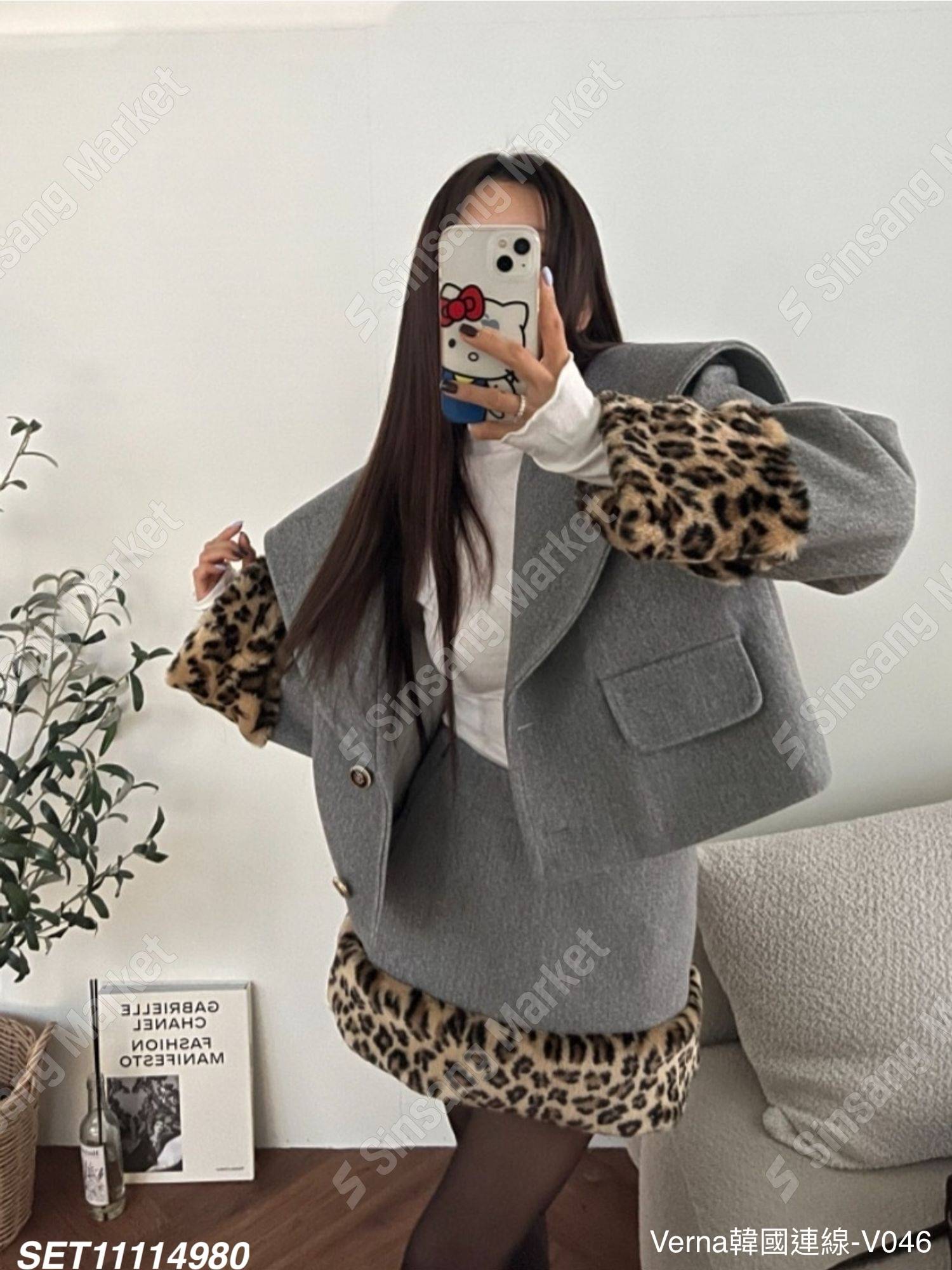 保暖豹紋短裙套裝