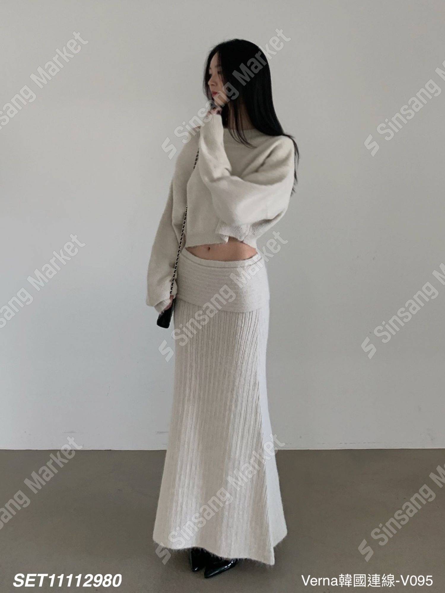 極簡平口毛料長裙套裝