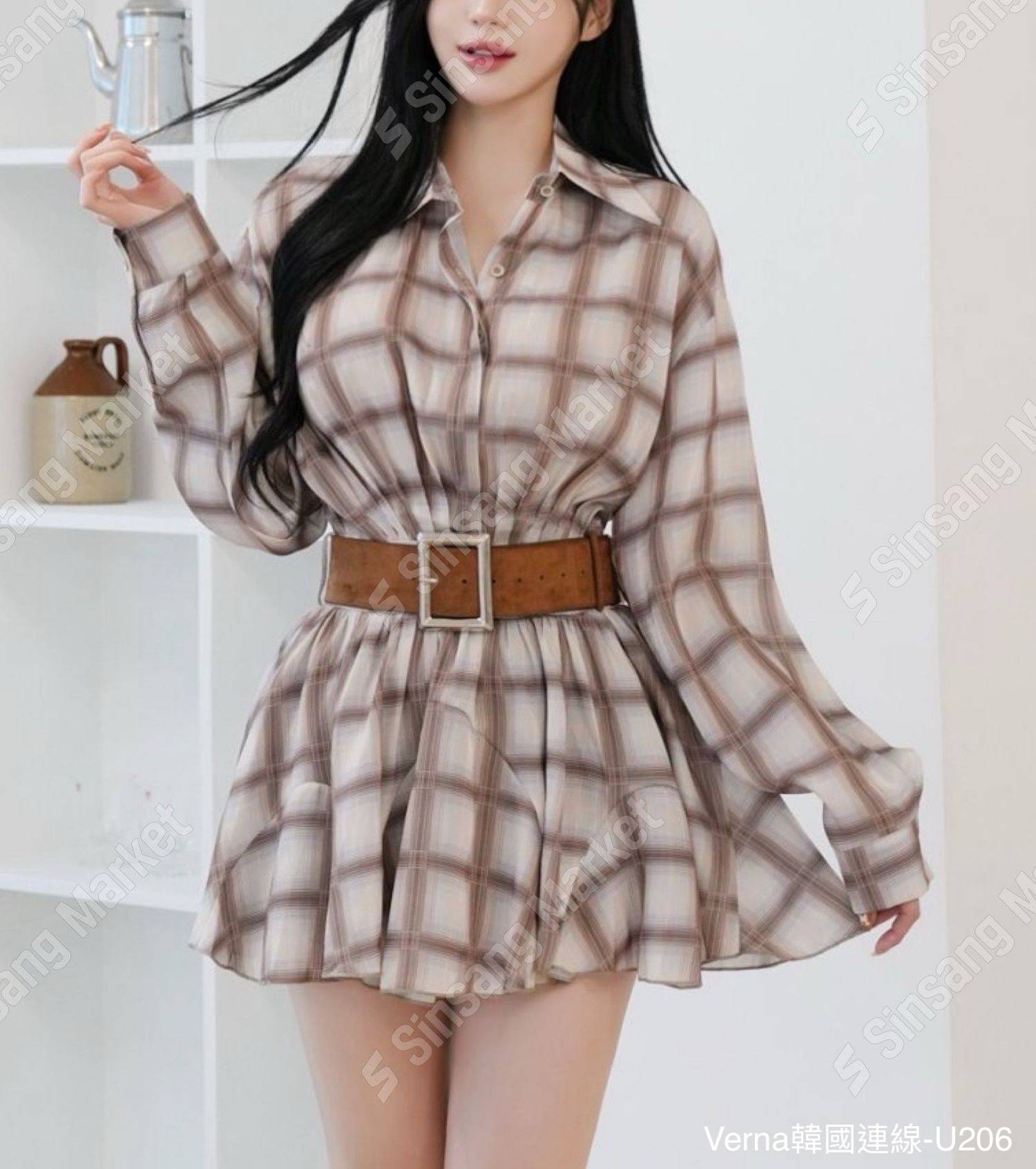 韓系甜美格子翻領上衣