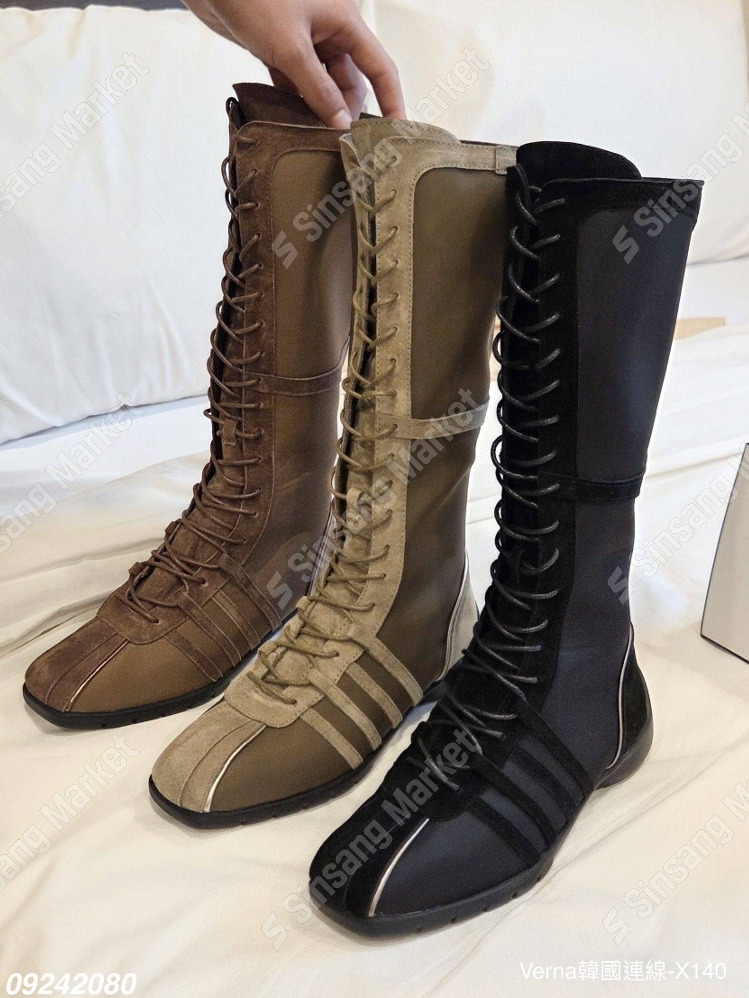 皮革拼接綁帶長靴