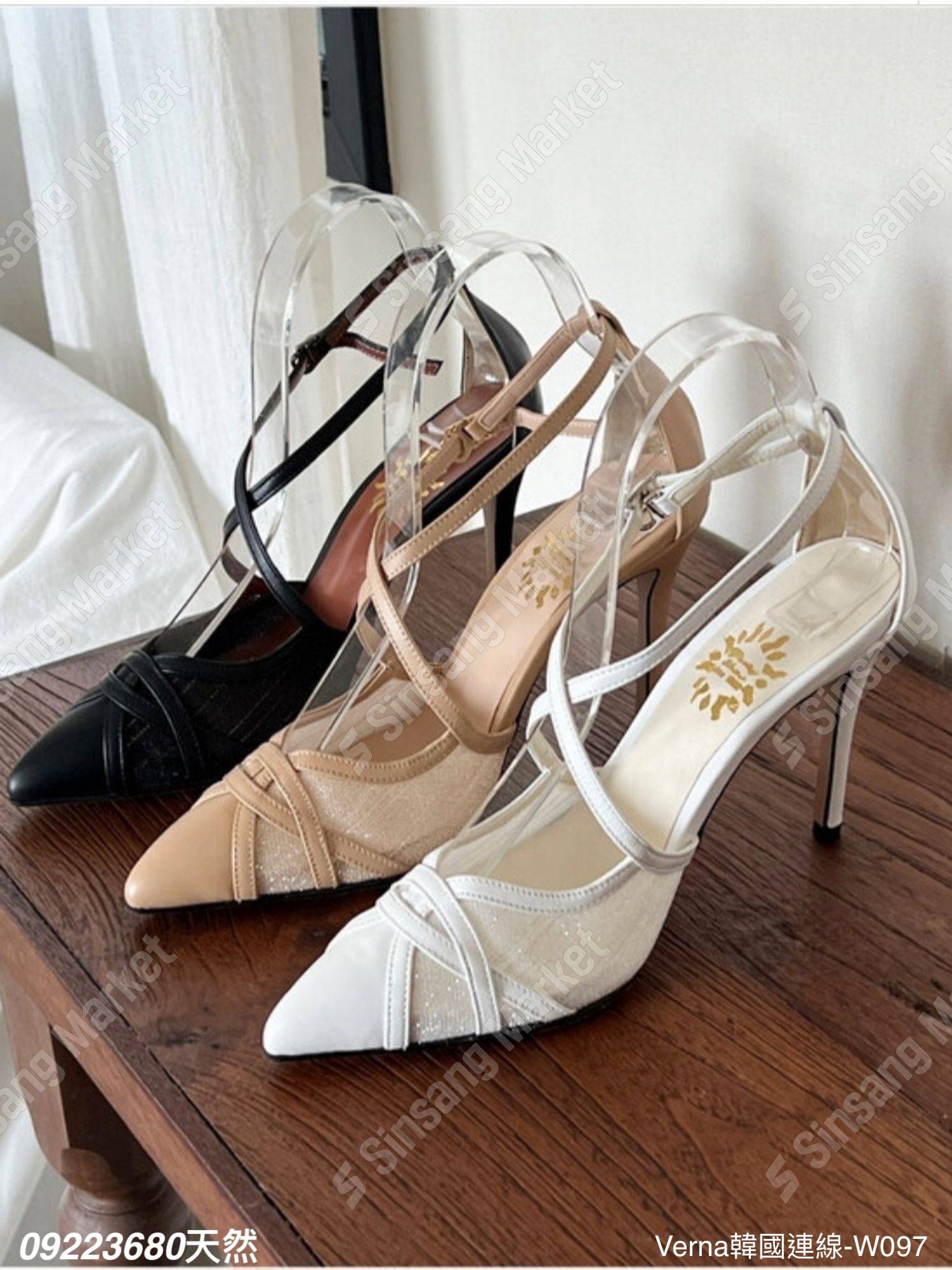 天然皮革尖頭透膚跟鞋