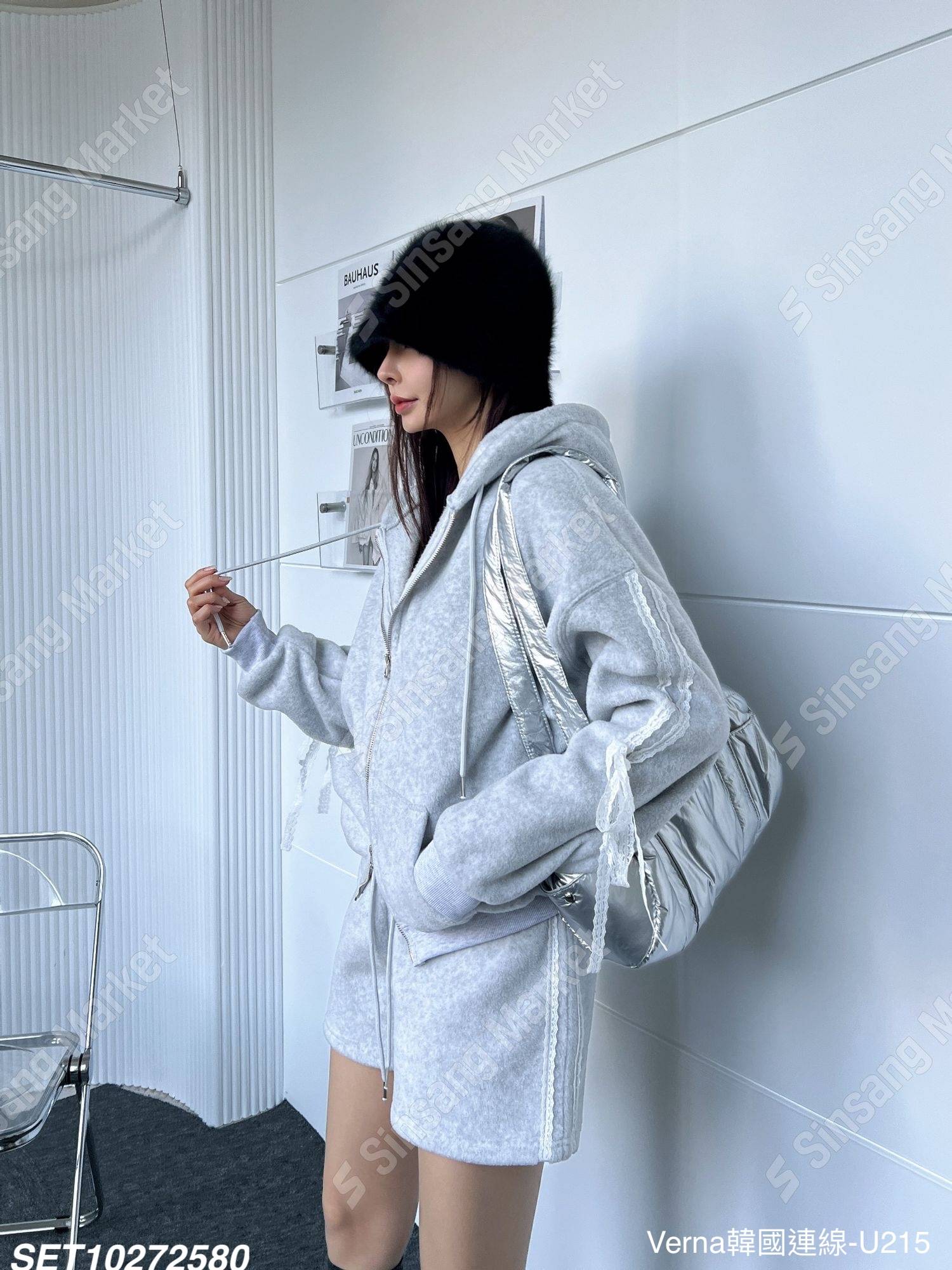 蕾絲車線連帽短褲套裝