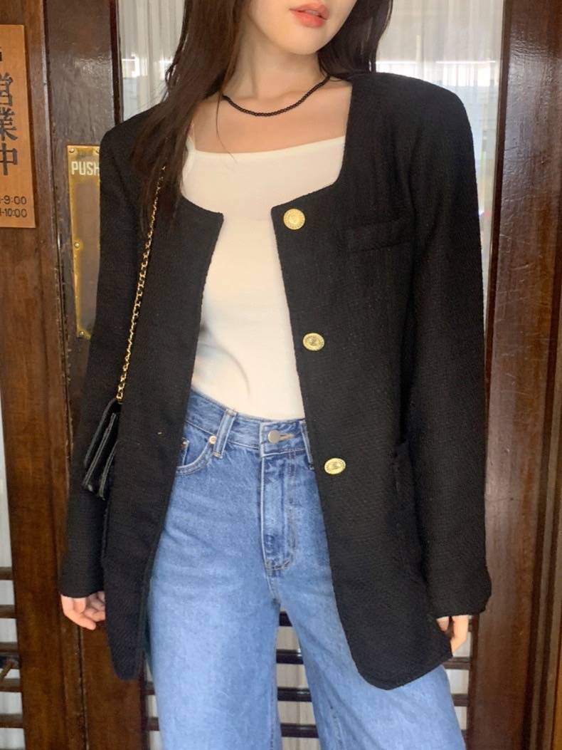 秋冬方領小香風金釦外套