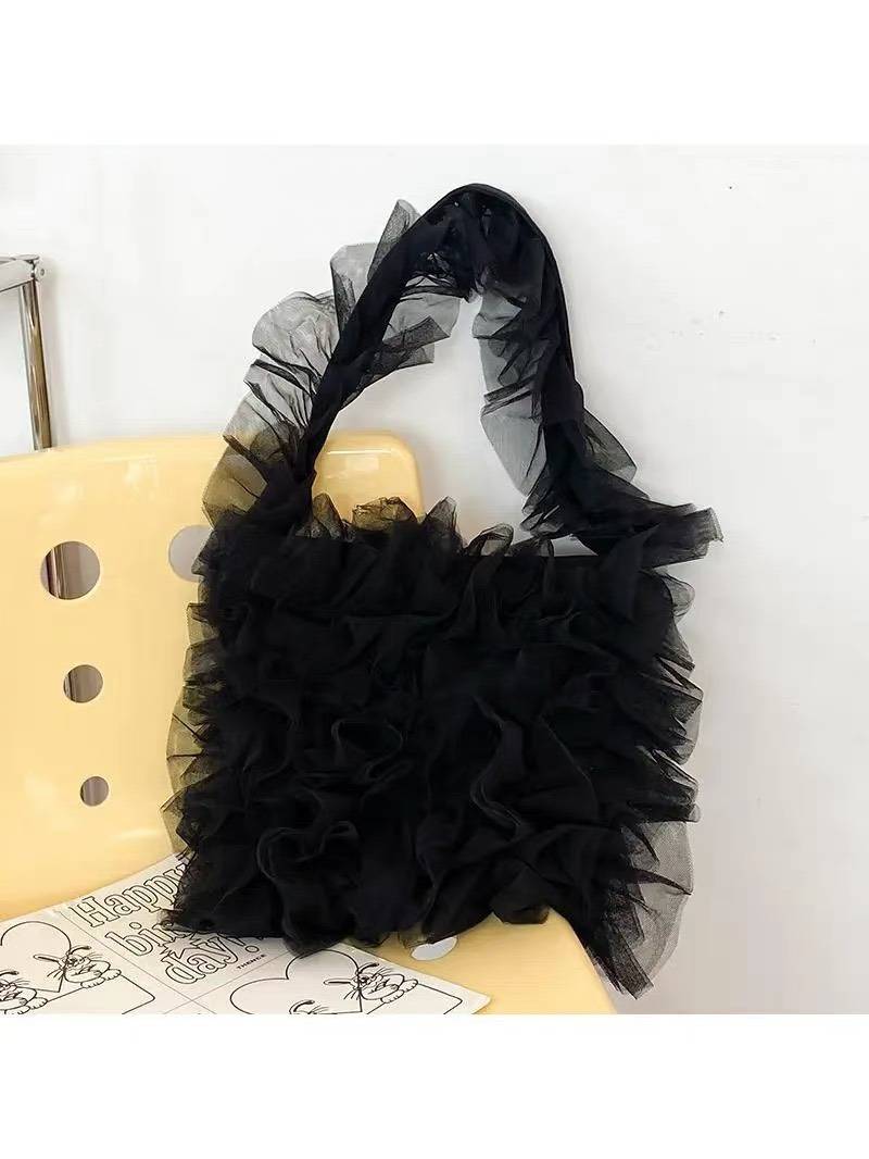 日系褶皺蕾絲個性單肩包(黑)