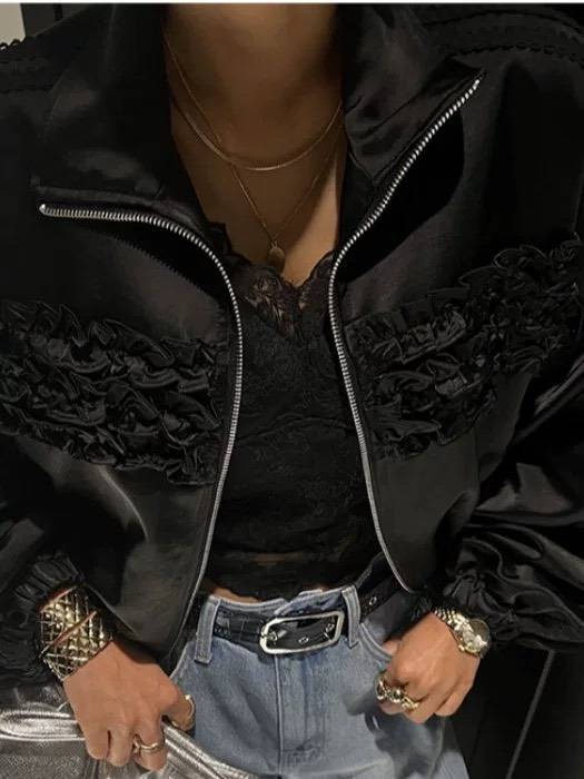 皺摺木耳花邊拉鍊外套