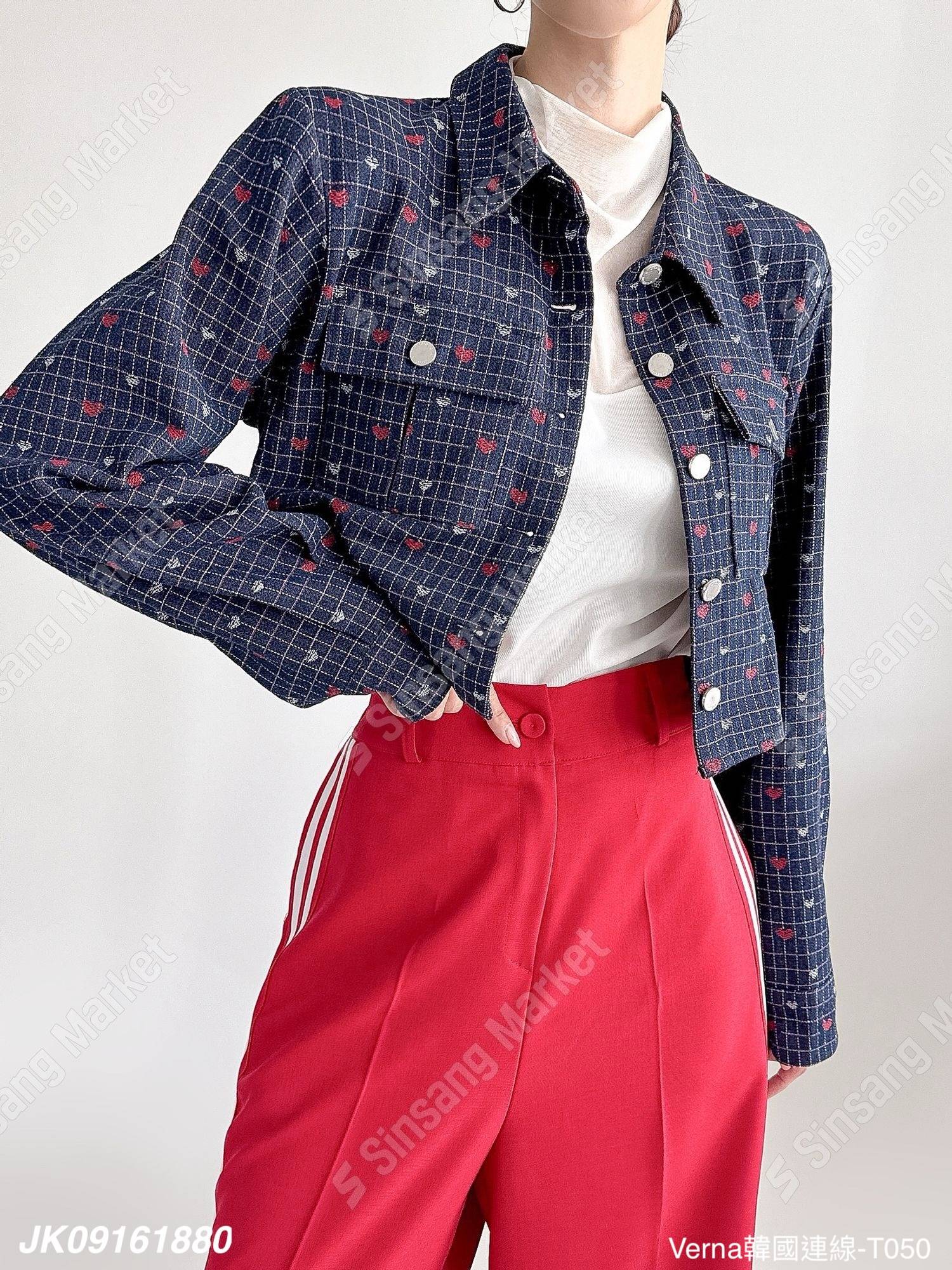 愛心印花格子翻領外套