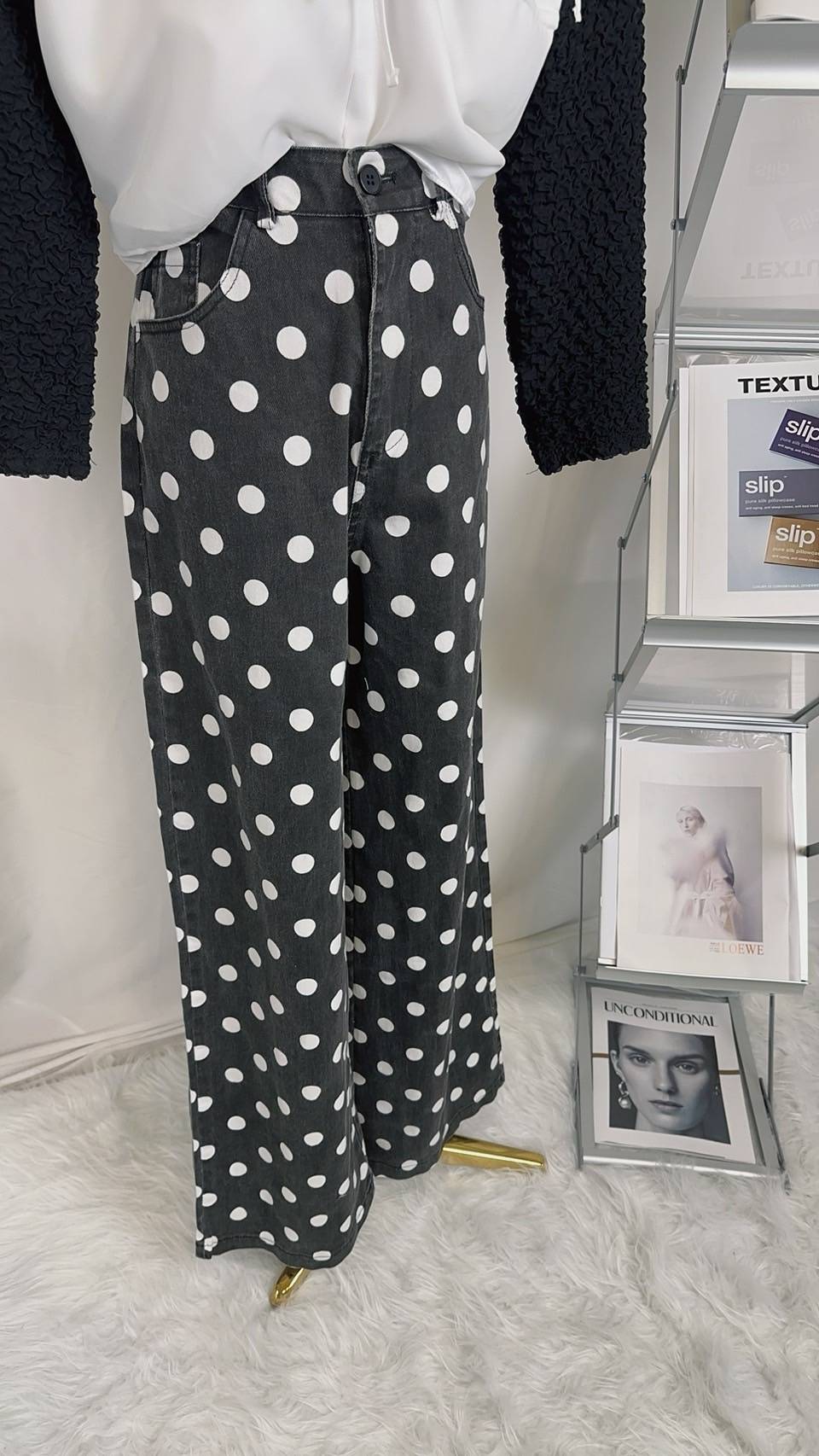 復古點點高腰長褲