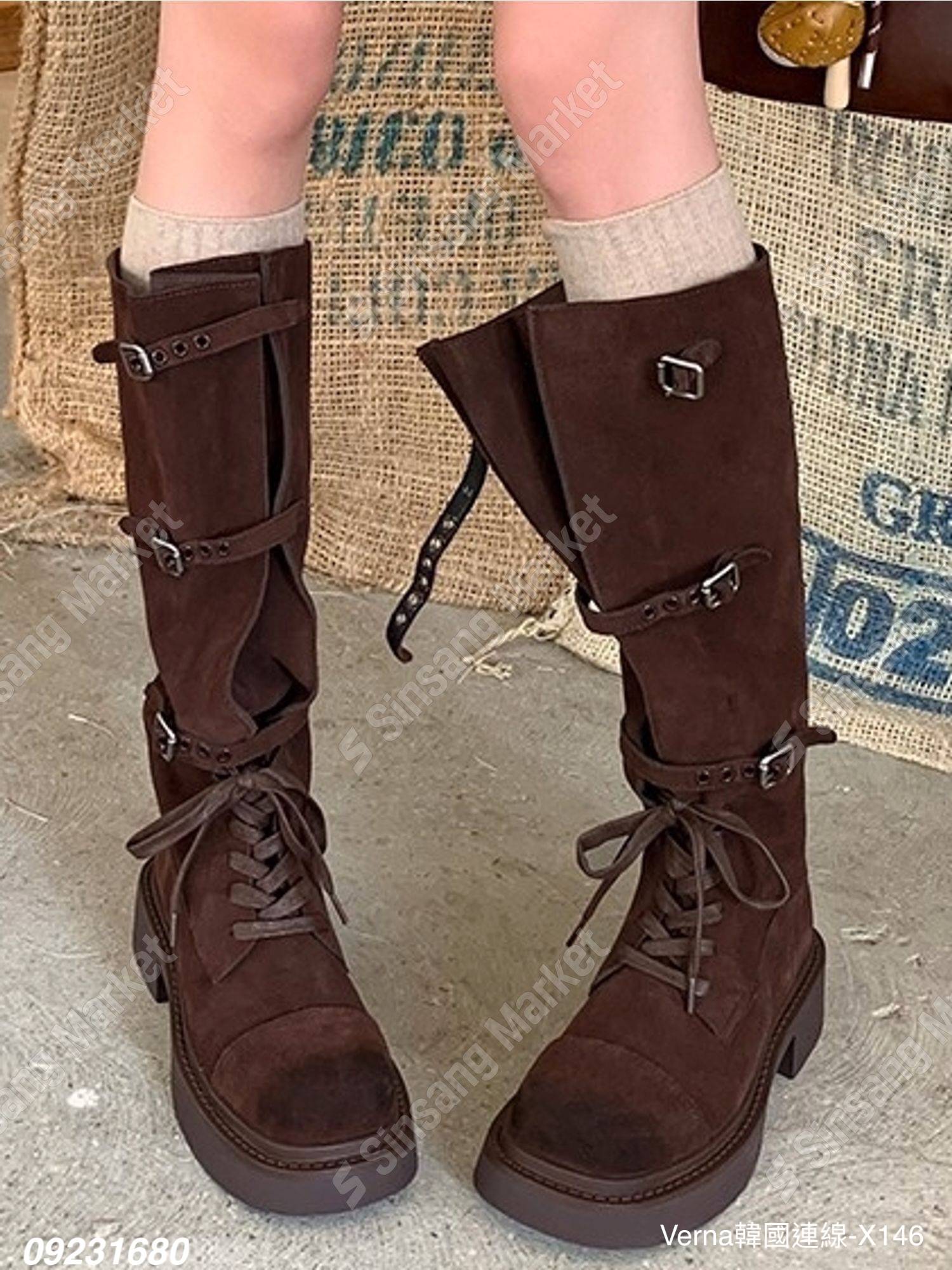 後底綁帶麂皮長靴