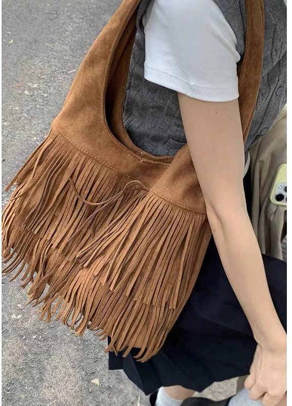 麂皮絨流蘇托特包（咖）