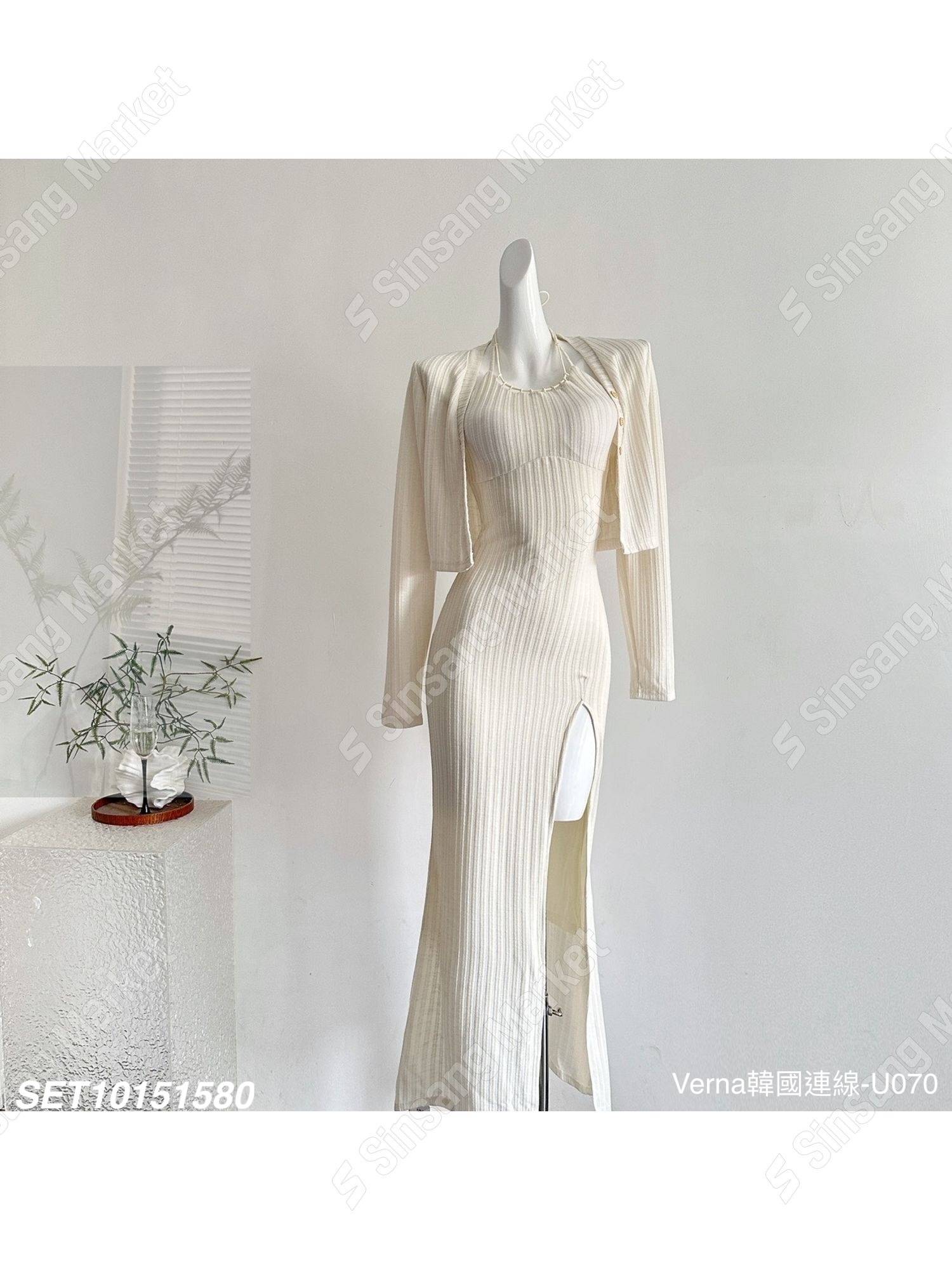 韓系坑條側開衩洋裝