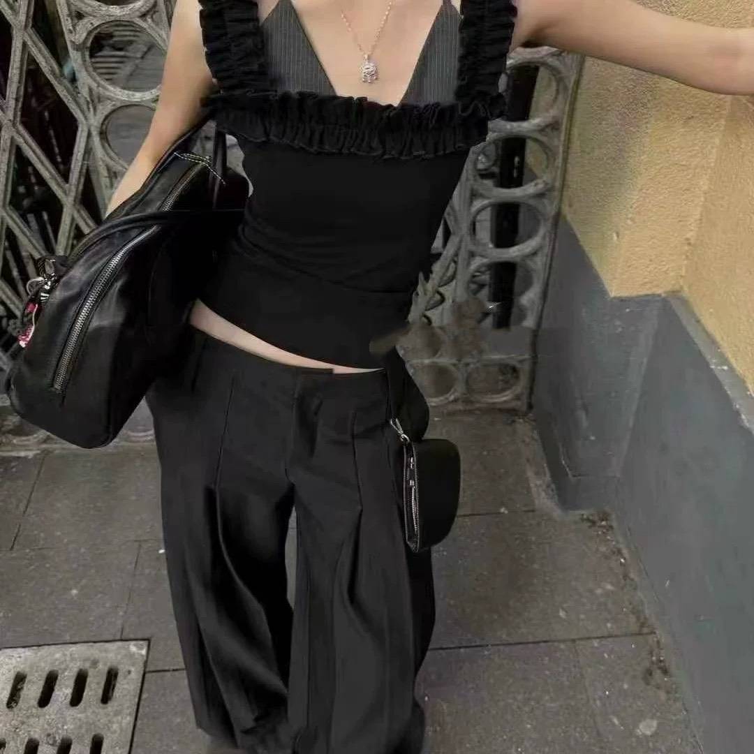 設計款撞色木耳邊假兩件上衣