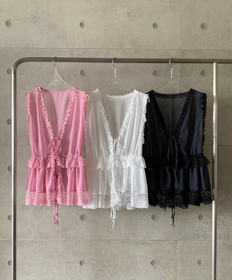 夏季甜美褶皺微透無袖背心(粉)