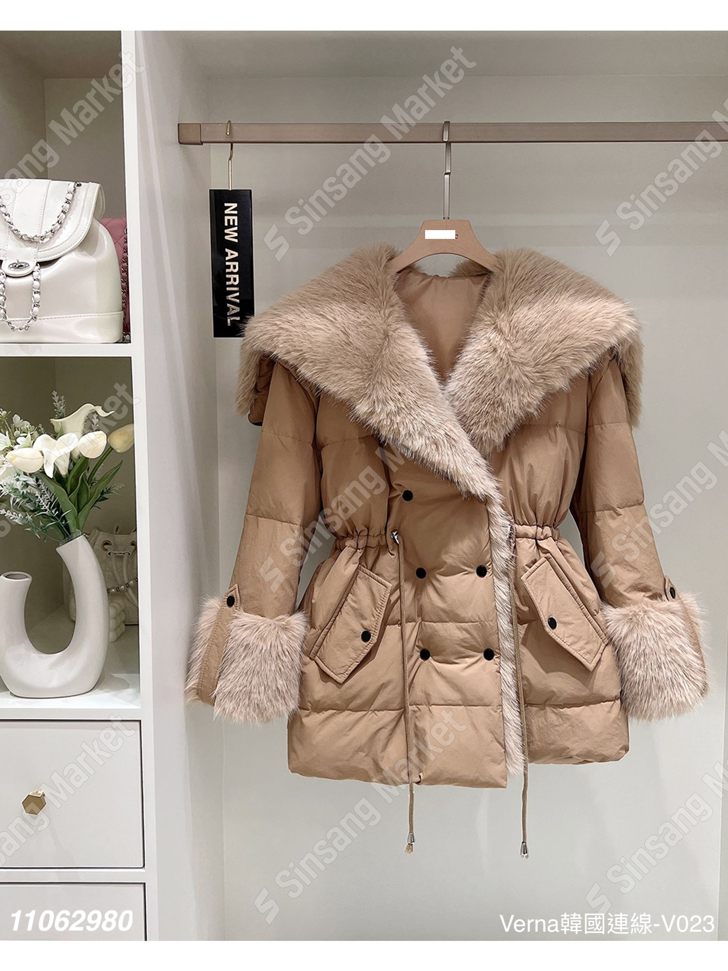 縮腰抽繩翻領絨毛外套