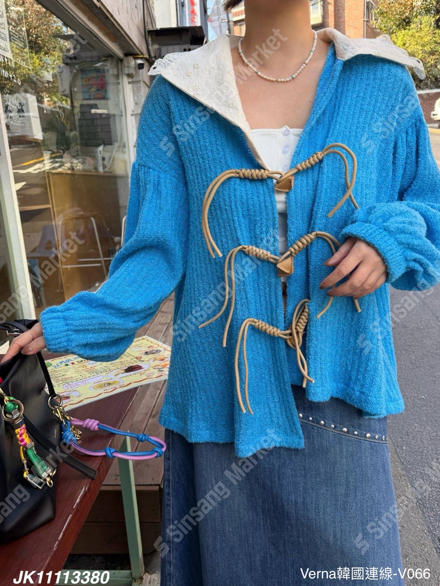 秋冬撞色大翻領針織外套