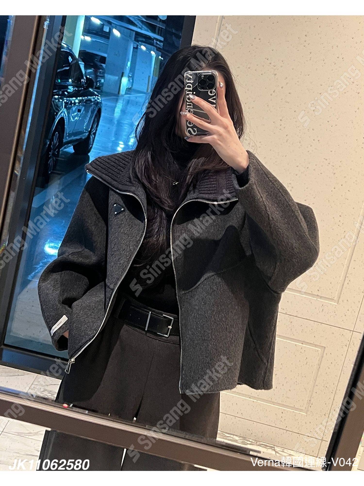 坑條拉鍊大翻領外套