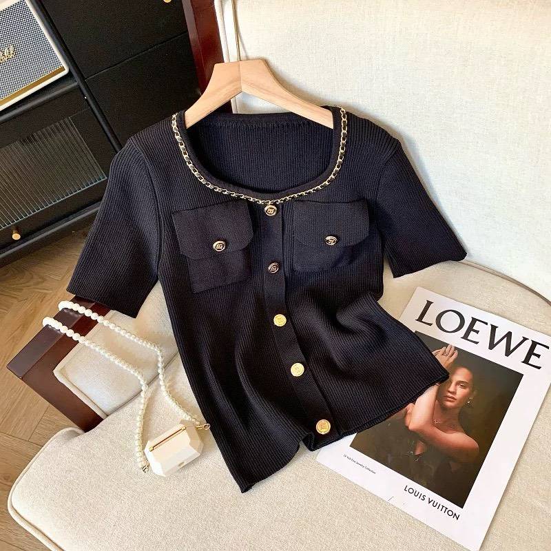 超好看小香風金扣短袖針織上衣