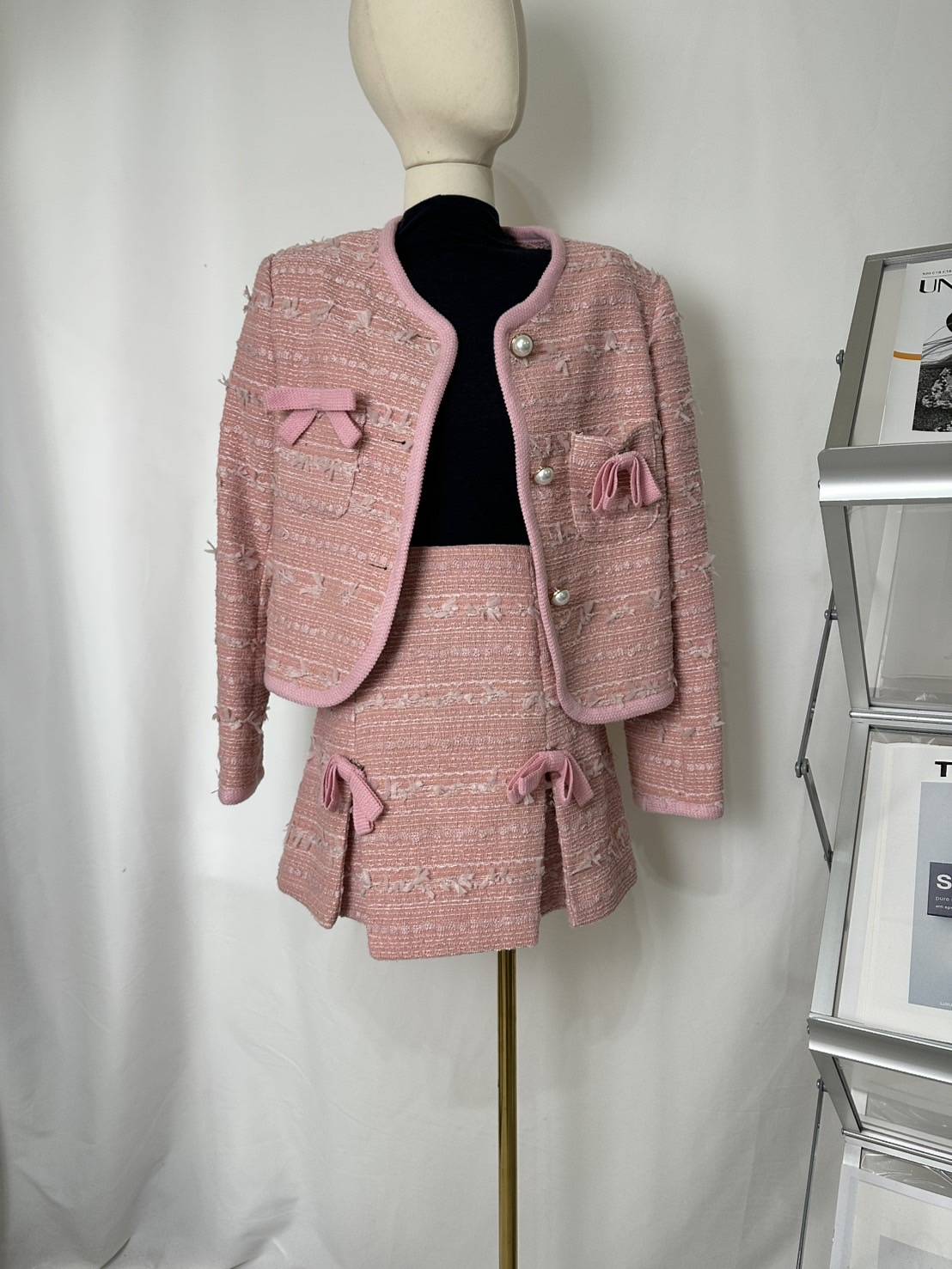 法式名媛粗花呢蝴蝶結套裝