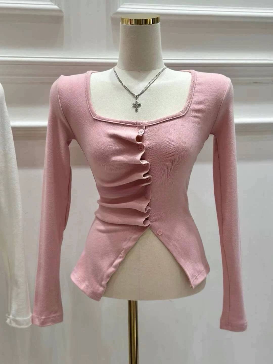 氣質女人修身褶皺方領上衣