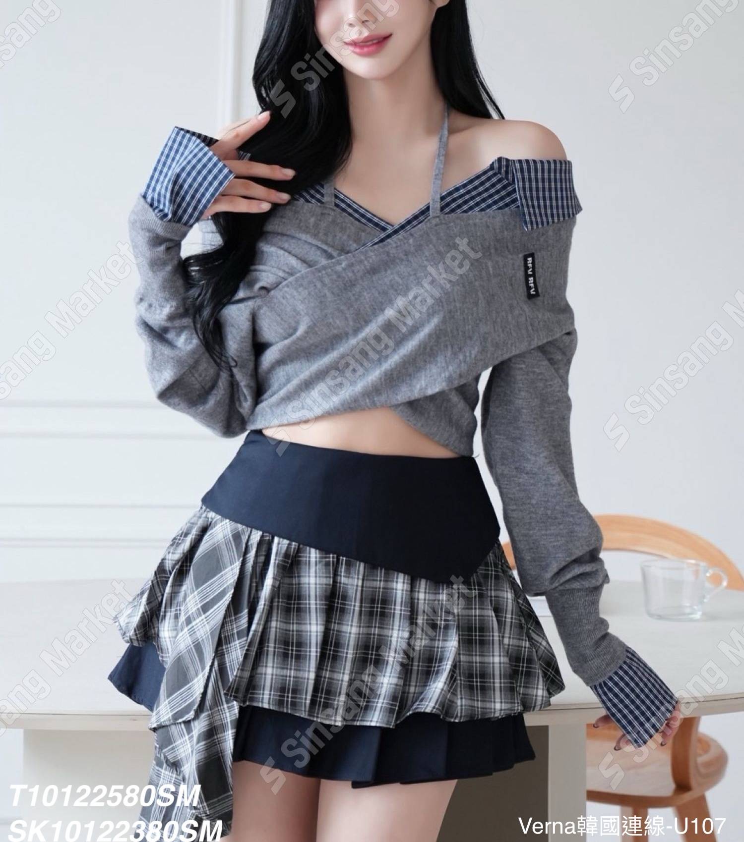 掛脖露肩格子短裙套裝