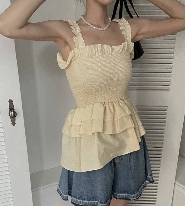 方領顯瘦無袖褶皺收腰背心