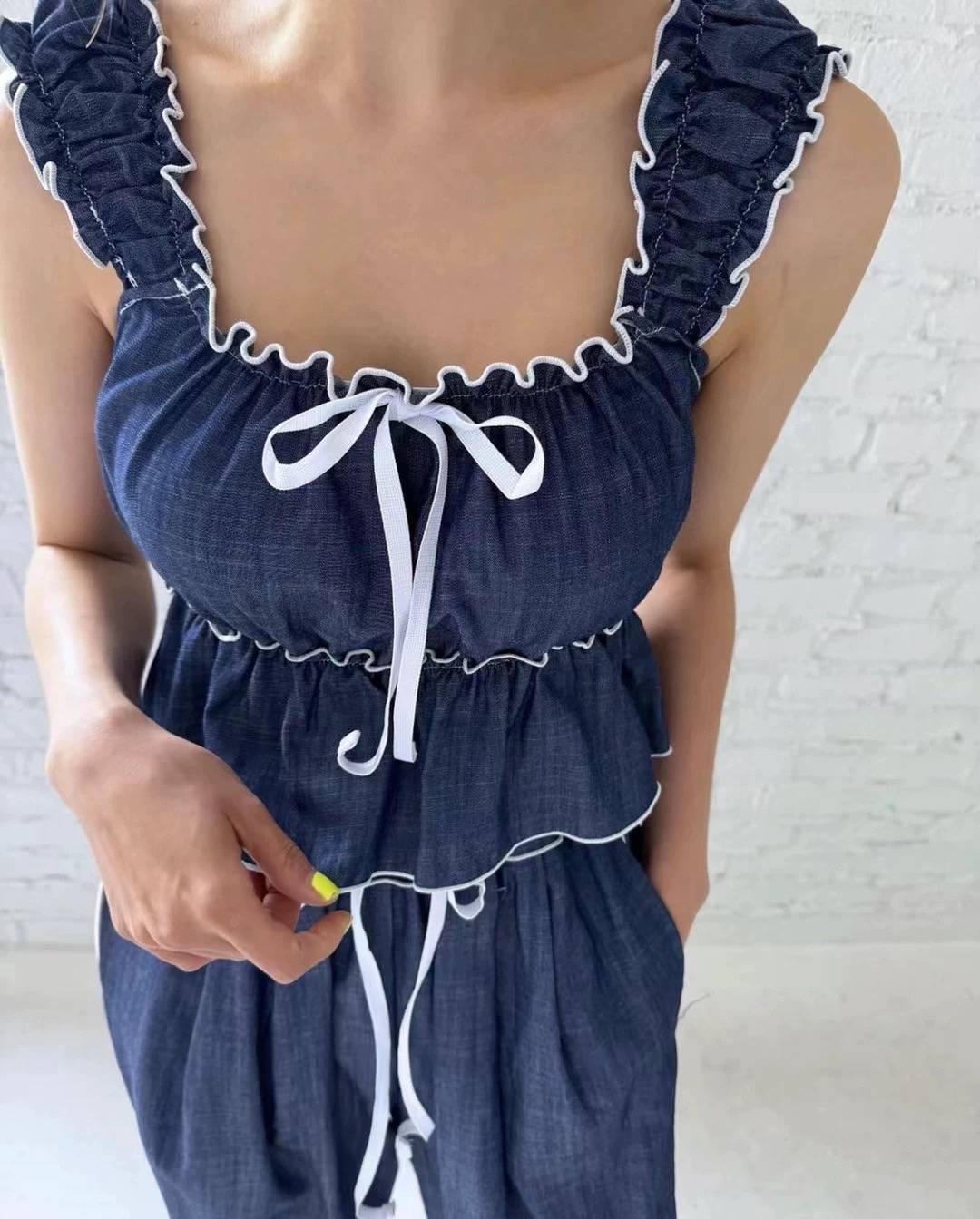 抽繩牛仔白邊套裝