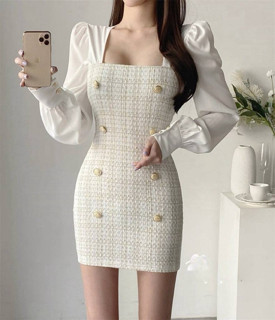 千金名媛去排扣拼色洋裝