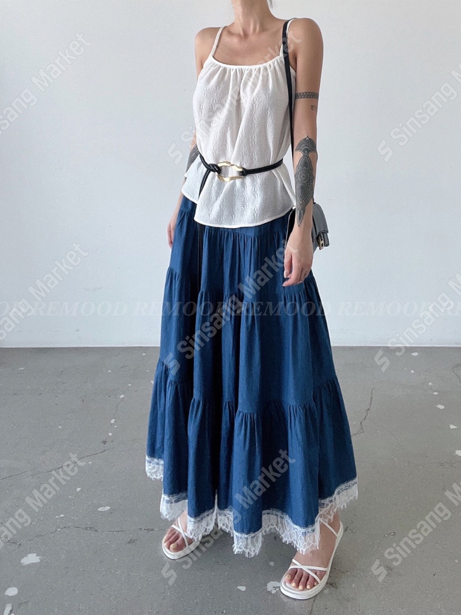 牛仔拼蕾絲高端質感裙