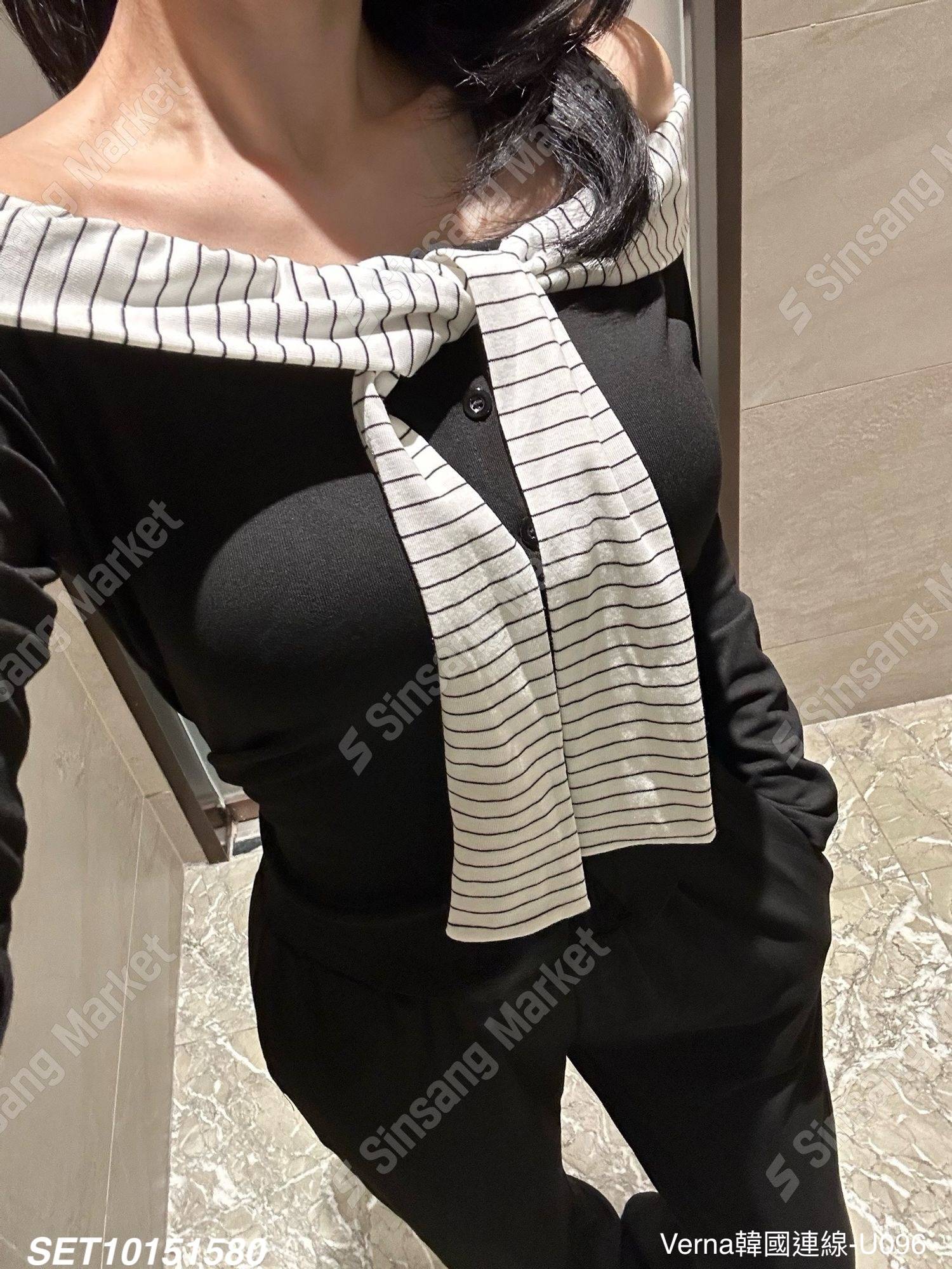 條紋拼接平口長褲套裝