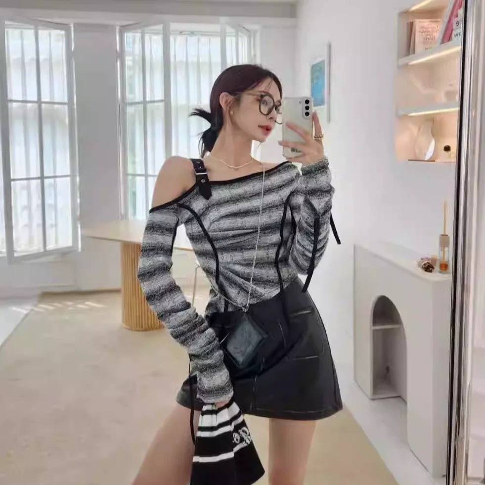 露肩皮帶扣條文拼色套裝