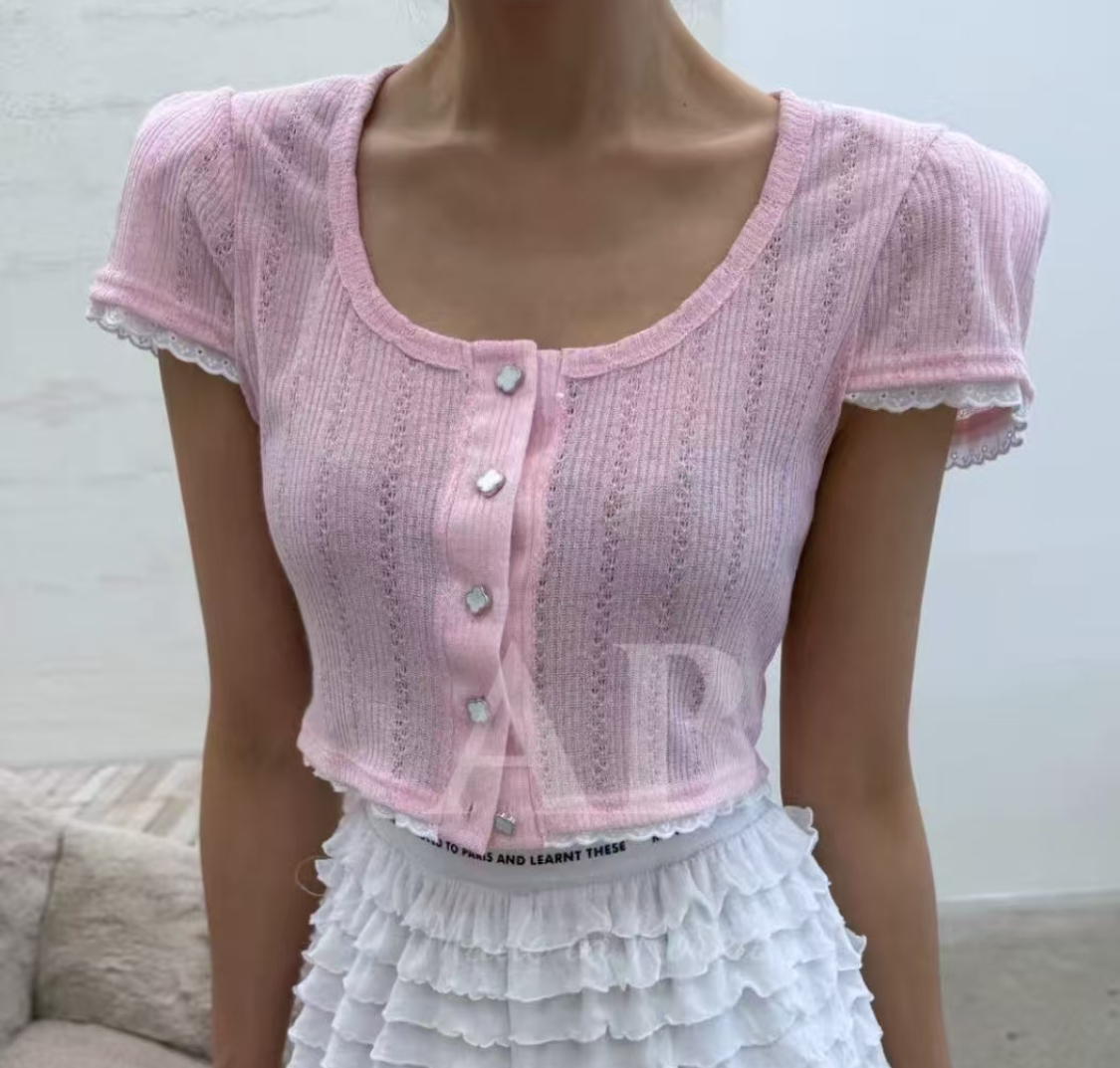 休閒人氣款魅力花邊短款Ｔ恤