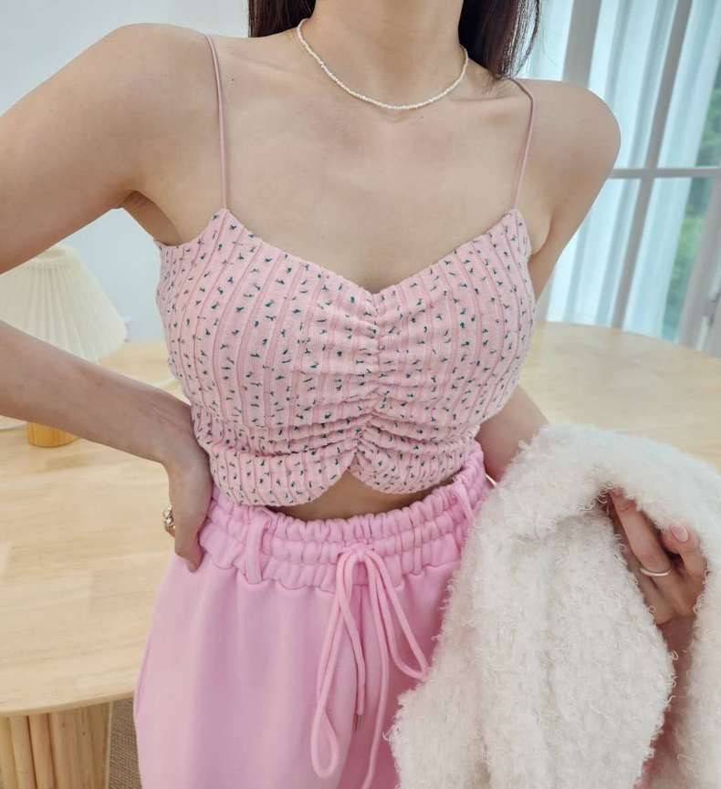 法式碎花褶皺吊帶背心