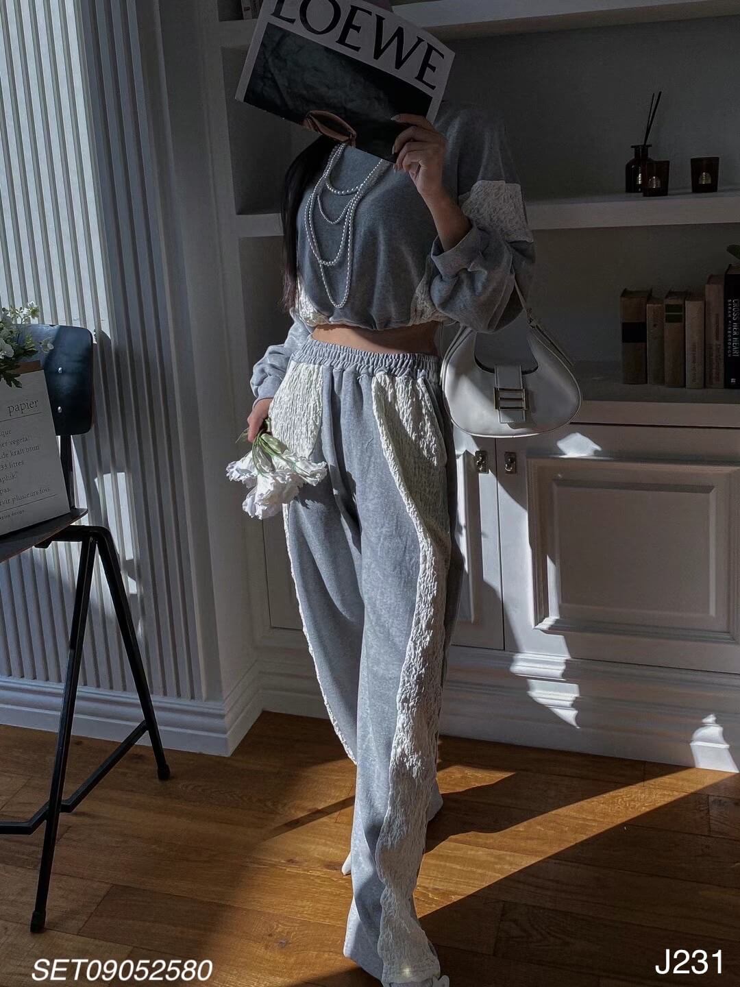 皺皺拼接抽繩長褲套裝