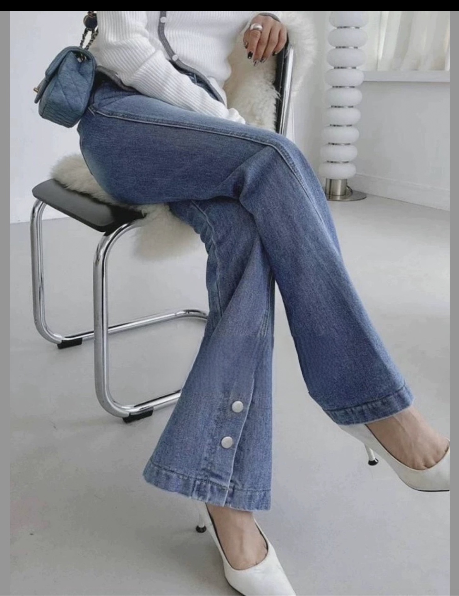 高腰修身前開叉鈕釦喇叭褲