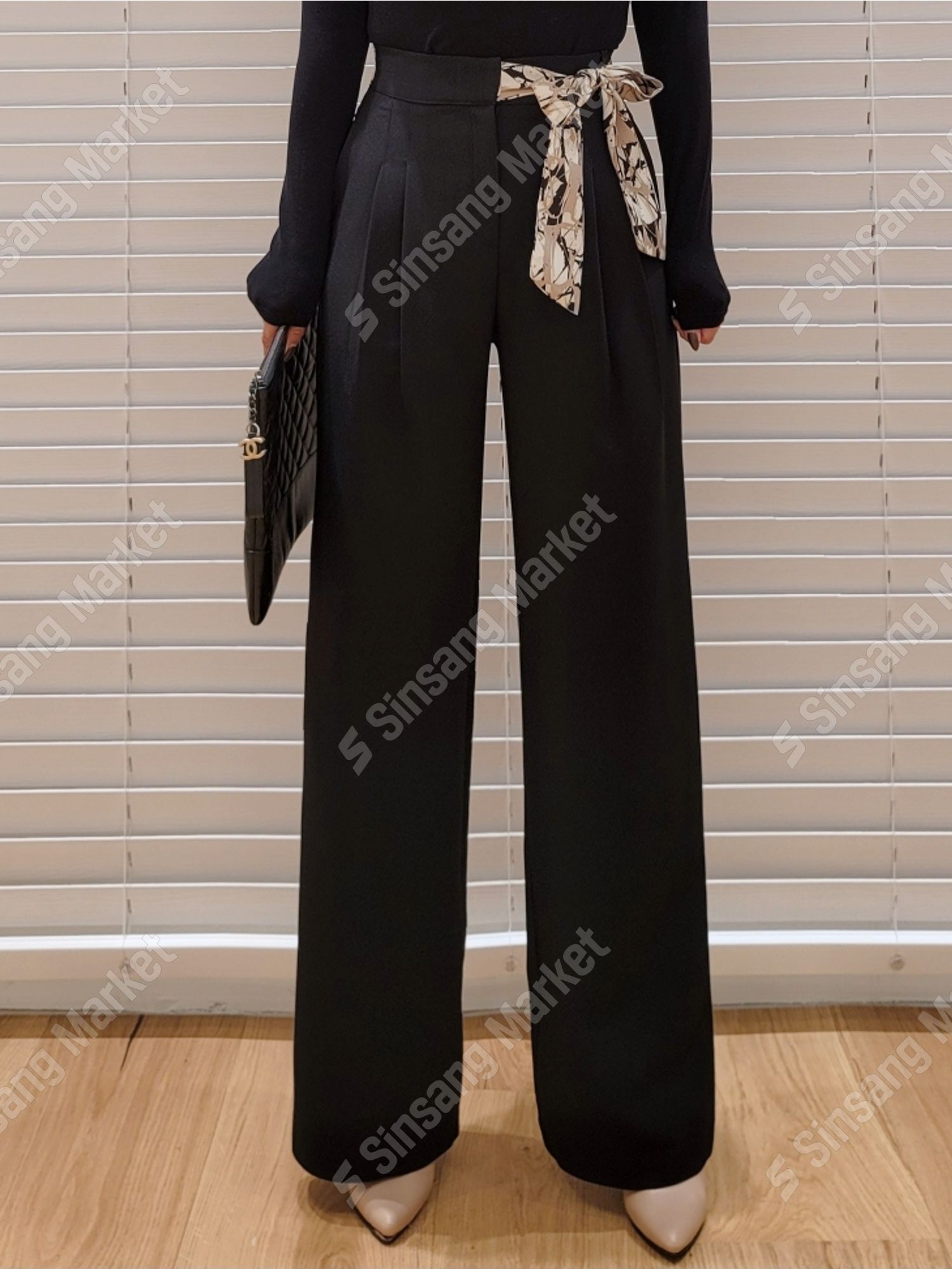 通勤高腰絲帶西裝褲