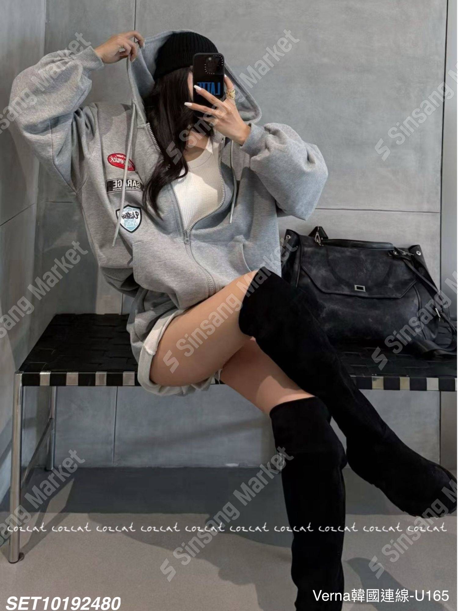 休閒拼布連帽拉鍊短褲套裝