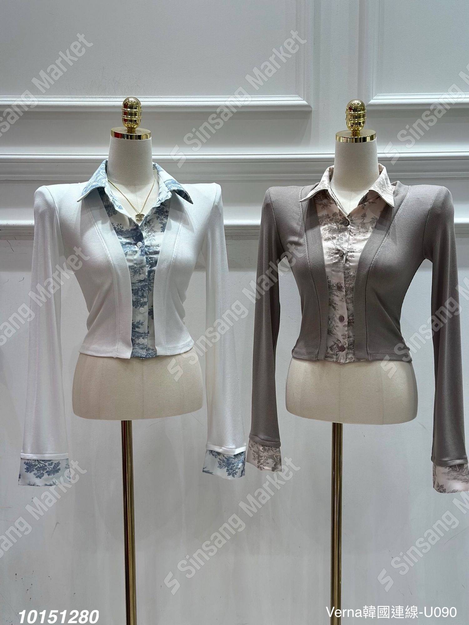 復古壓花假兩件翻領襯衫