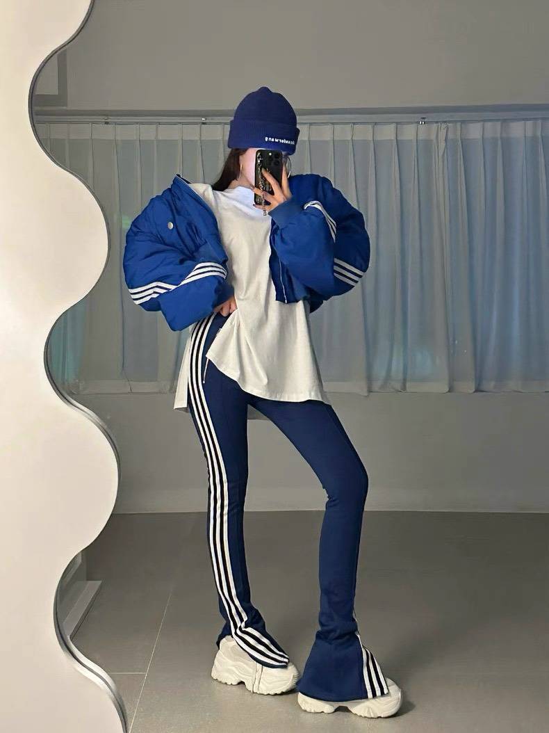 條文修身開衩休閒長褲