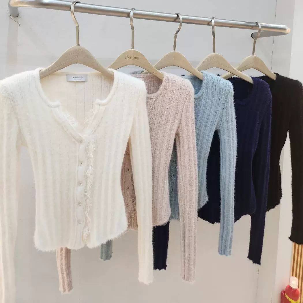 冬款排扣百搭針織上衣(藍)